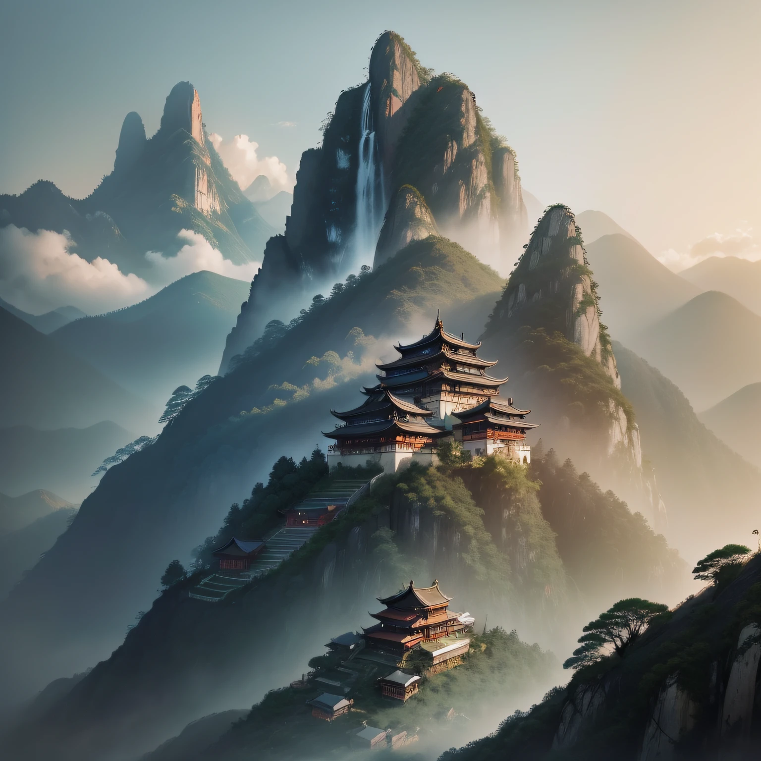 a beautiful chinese watercolor painting of the mountainous landscape of huangshan with a buddisht temple on the hilltop on a rainy day
