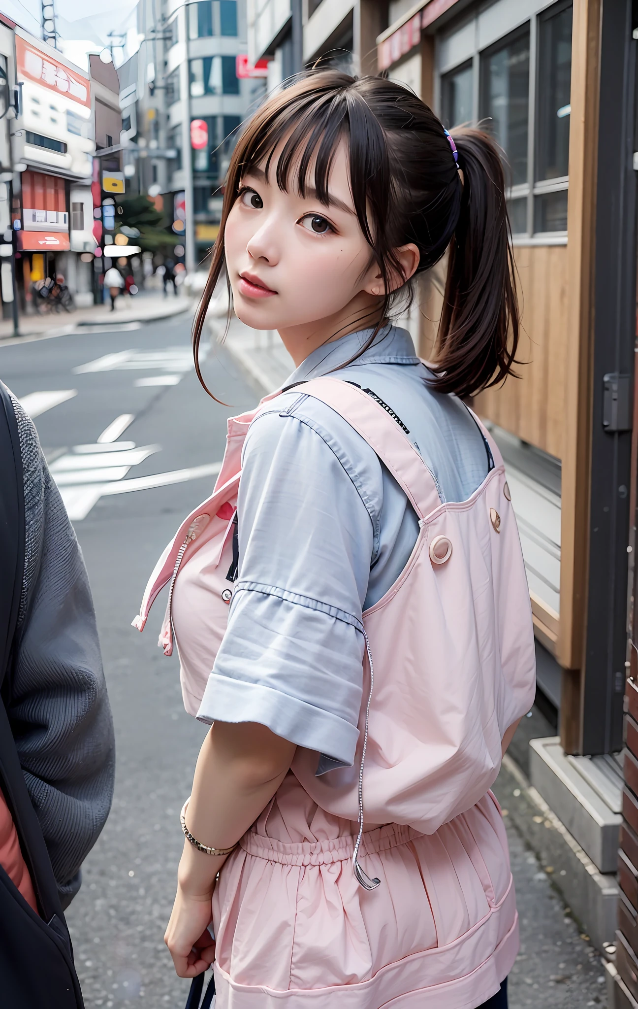 8K、Top image quality、​masterpiece、夏天、Japan high school girl meets friends on her way to school。Involuntarily kissed me on the cheek、She winked、