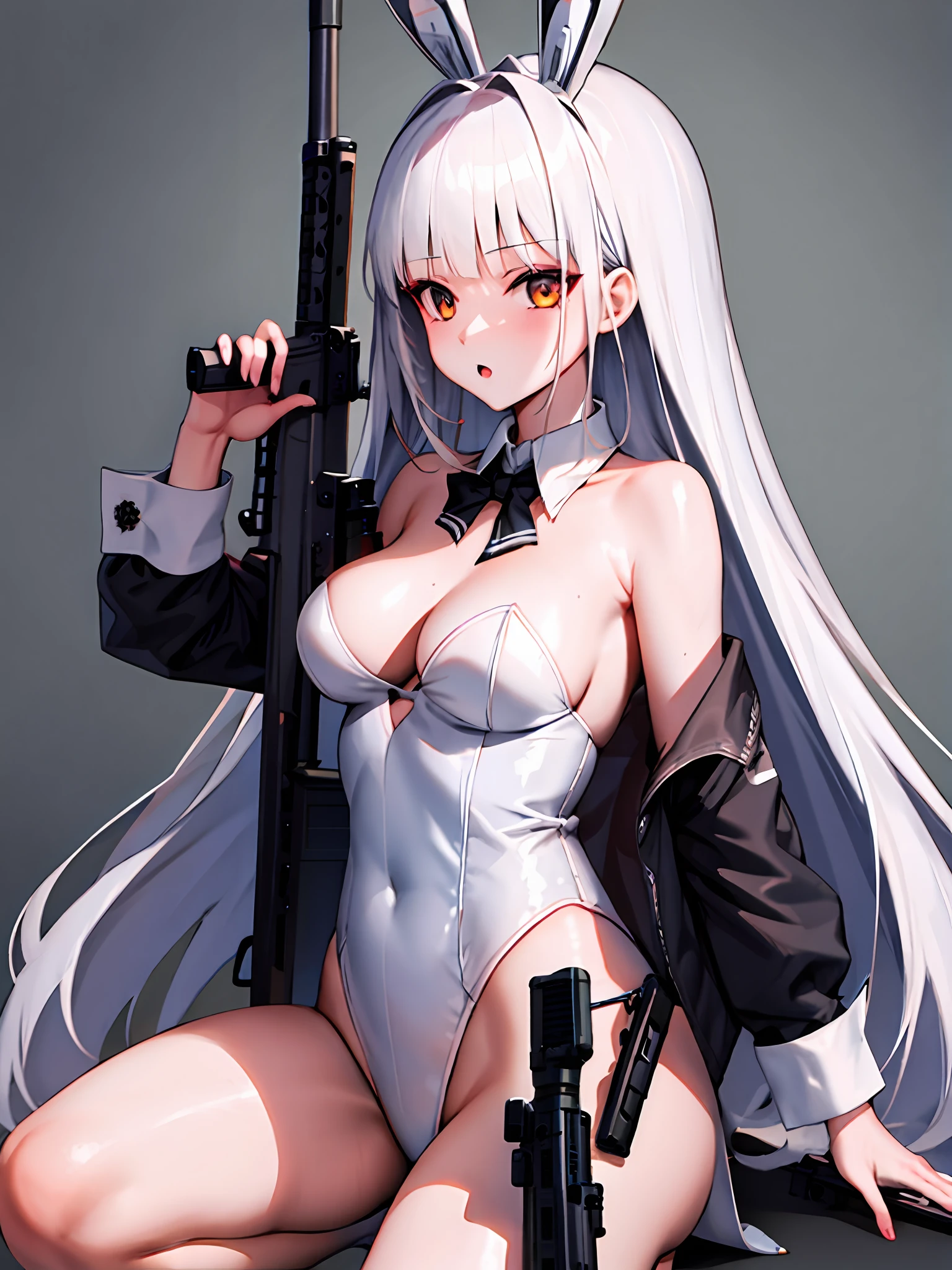 1girl, playboy bunny, solo,rabbit,ears,guns guns guns,lots of guns,holding weapon,blanc \(nikke\)
