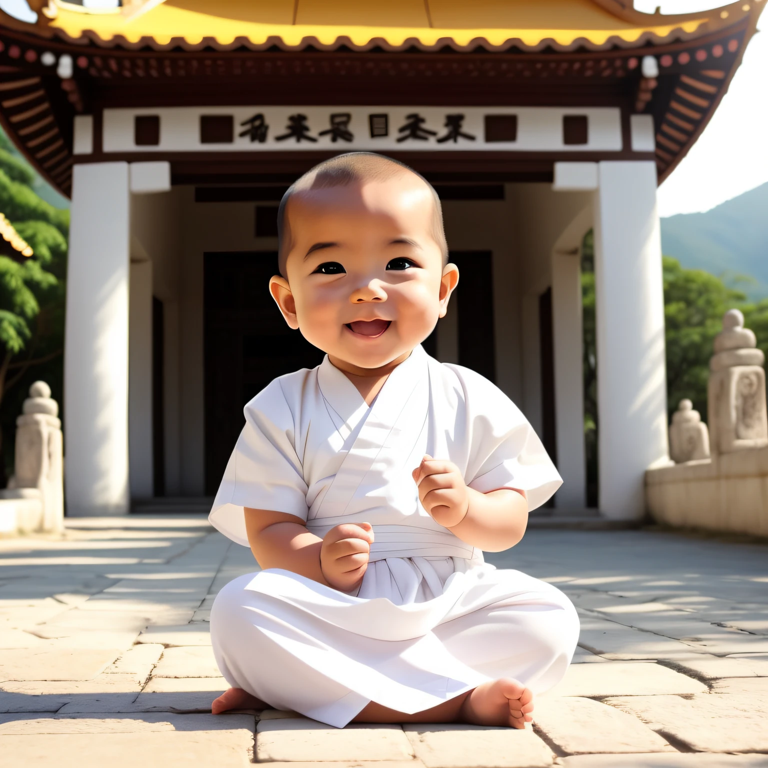 A lively and cute  monk，rays of sunshine，adolable，ssmile，white  clothes，Temple Background，Sat down --auto