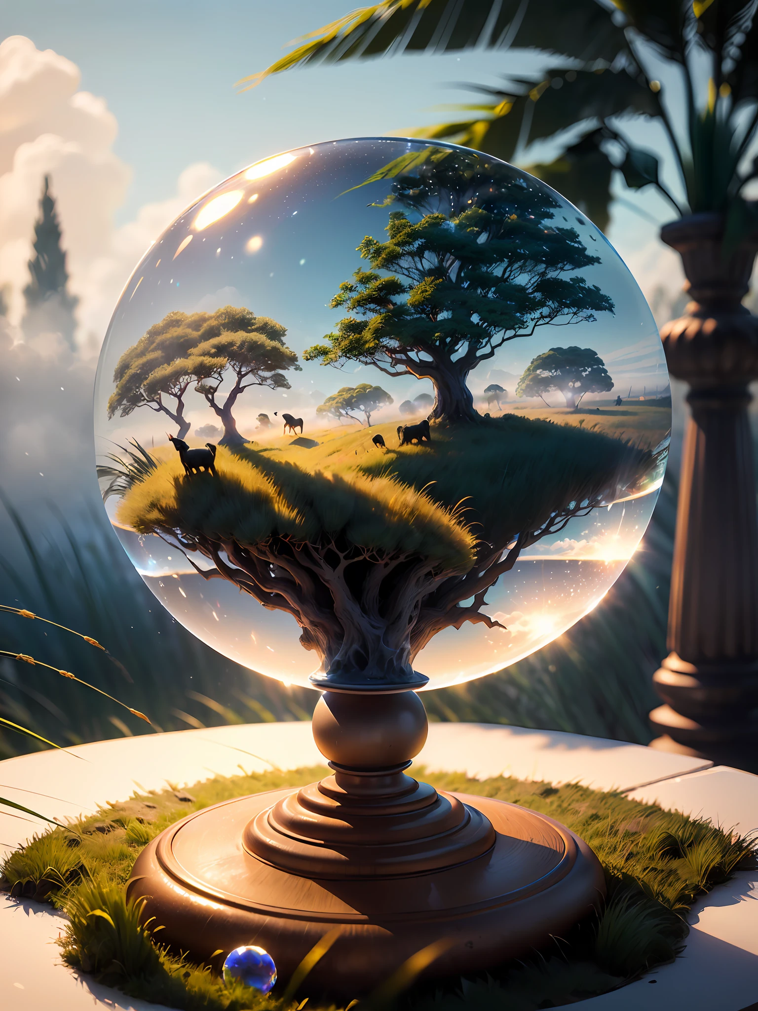 Hyper-realistic、16K High Resolution、(Maximum Sharp Focus:1.3)、(Maximum Close-up:1.5)、(Lots of animals in a single crystal ball with pedestal on table:1.3)、(savanna、grass field、massive trees:1.5)、(white clouds、White fog:1.3)、(Large bokeh background、blue back light:1.3)