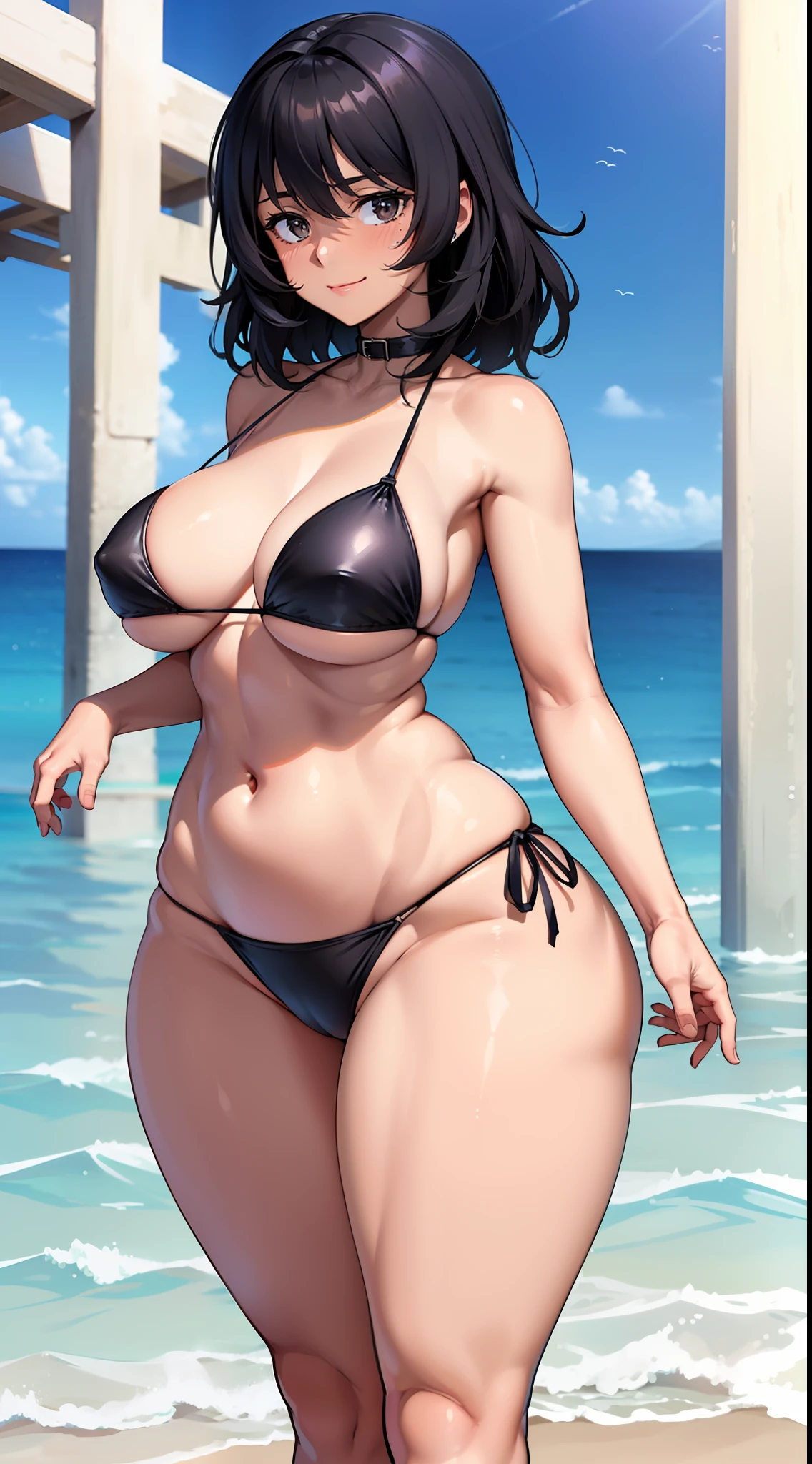 ((masterpiece)), (((best quality))), ((ultra-detailed)), (((illustration))), detailed face, ultra cute face, detailed body, ((1girl)), ((solo)),looking at the viewer, closed mouth, smile, cowboy shot, hand on hip, girls und panzer, Andou, (dark skin:1.3), medium hair, black hair, brown eyes, messy hair, ((dark blue bikini)), (tight bikini), side tie bikini, standing on beach, palm trees, medium breasts, perky breasts, ((wide hips)), (((thick thighs))), fat ass, curvy, thicc, (soft belly), chubby girl,