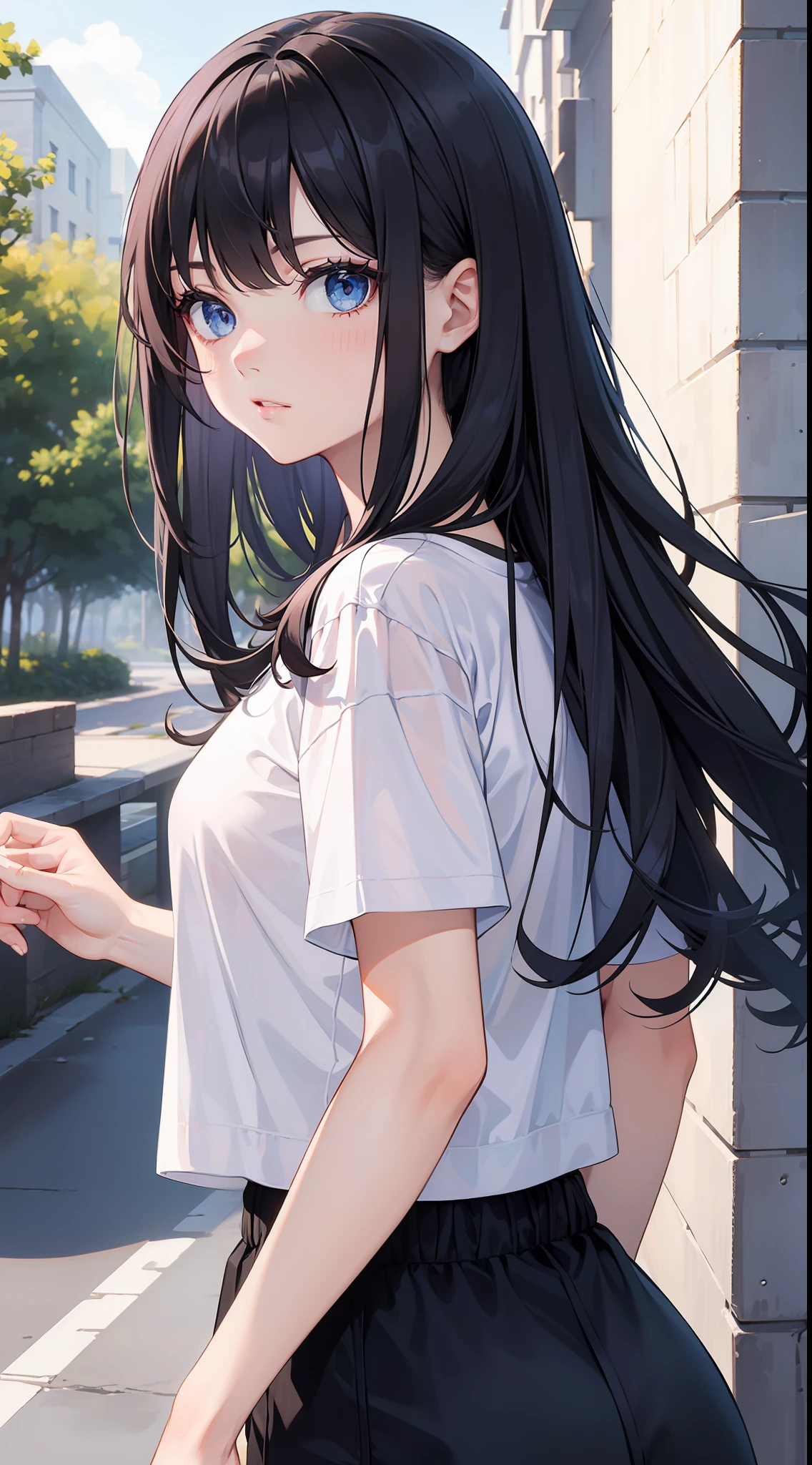 young girl, Long black hair, blue eyes, white tshirt, Masterpiece, hiquality