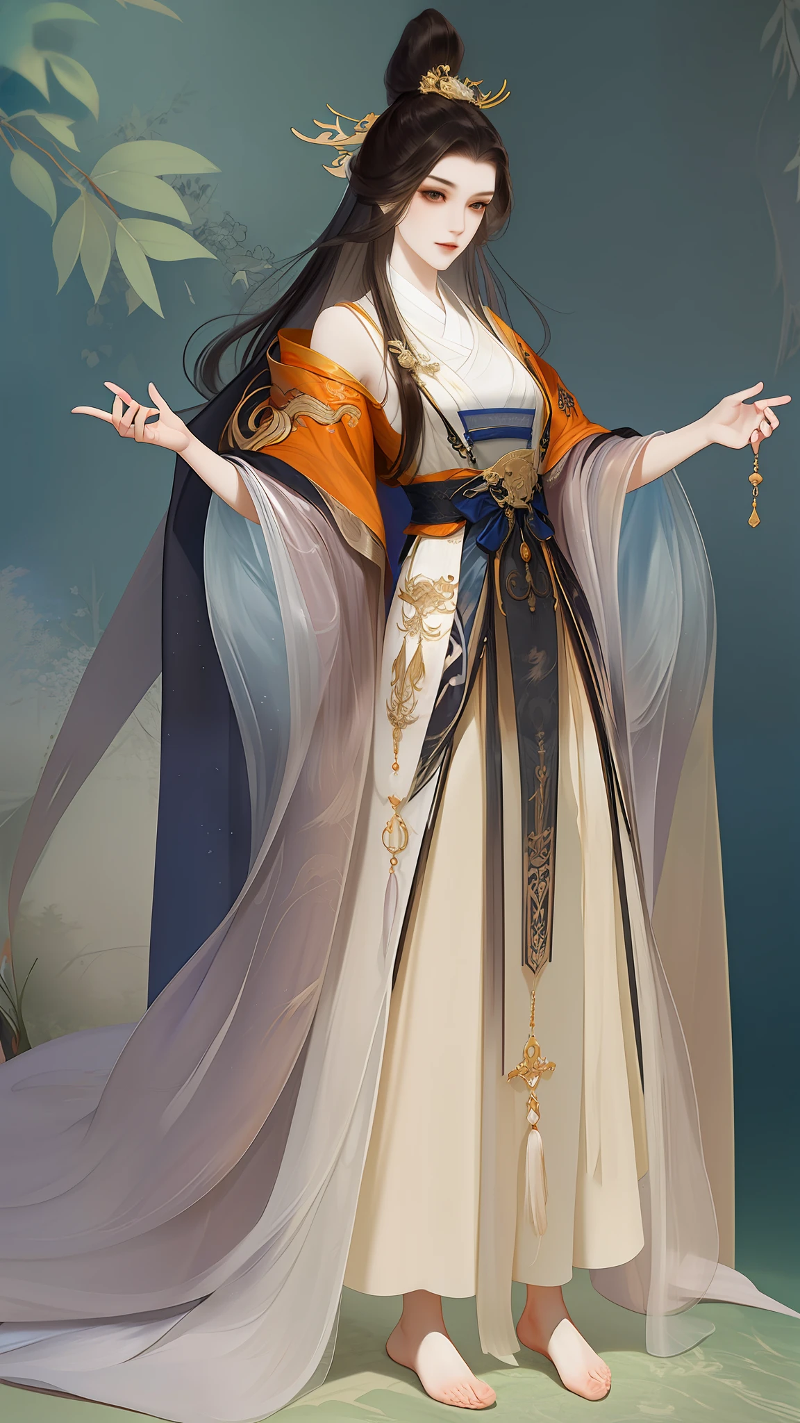 best qualtiy，tmasterpiece，highly detailed wallpaper，1 beautiful woman，Full body standing painting，female focus，brunette color hair，long whitr hair，详细的脸，gorgeous hair accessory，cropped shoulders，The barefoot，Plush cape，looking at viewert，Hanfu，超高分辨率，sketching，ink wash style