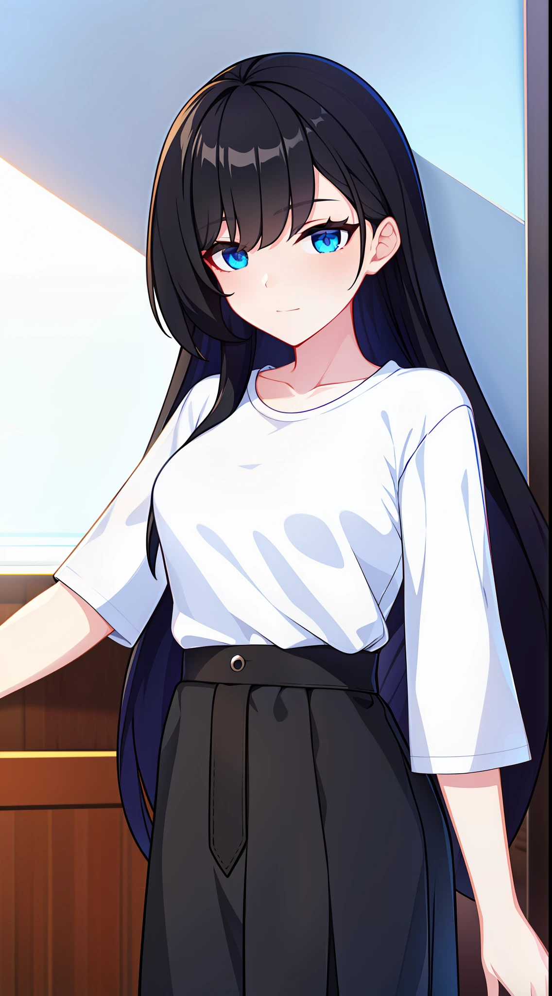 young girl, Long black hair, blue eyes, white tshirt, Masterpiece, hiquality