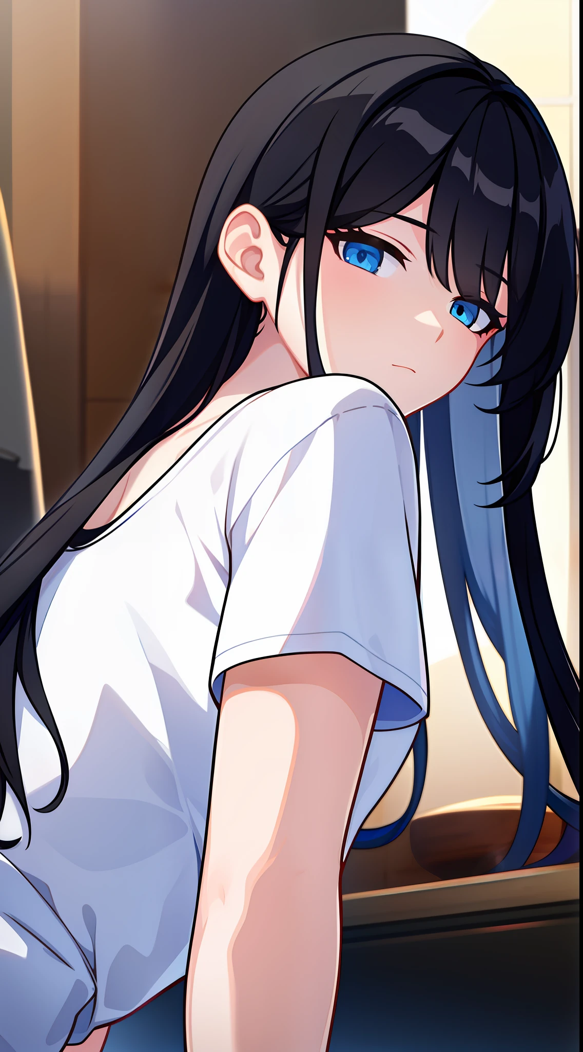 young girl, Long black hair, blue eyes, white tshirt, Masterpiece, hiquality