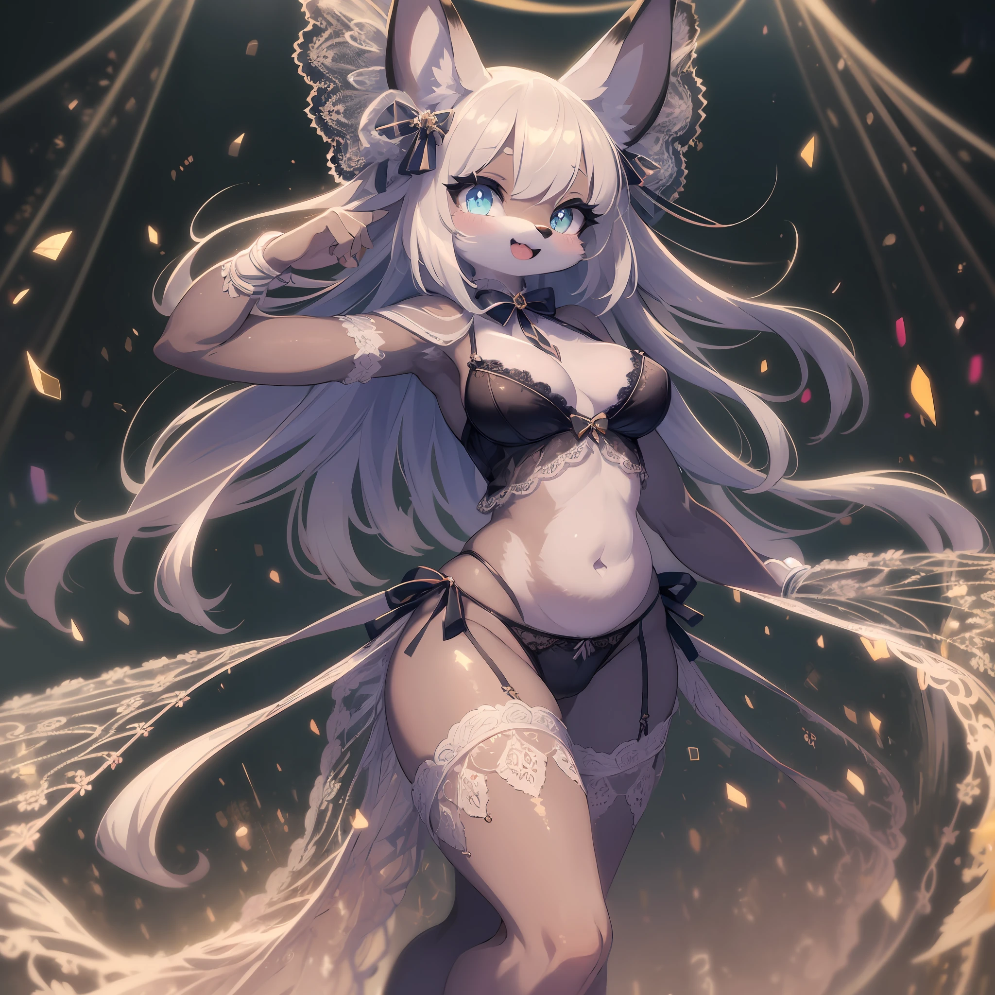 cinematic, (highly detailed beautiful face and eyes)absurdres, perfect anatomy((masterpiece))Cute lingerie, Detailed lace embroidery, see-through, ribbon, spotlight, stage(super cute girl, solo focus, kemono)Embarrassing(furry anthro)(very detailed body fur)full body, smile, open mouth, dancer, belly dance, completely naked, no clothes,