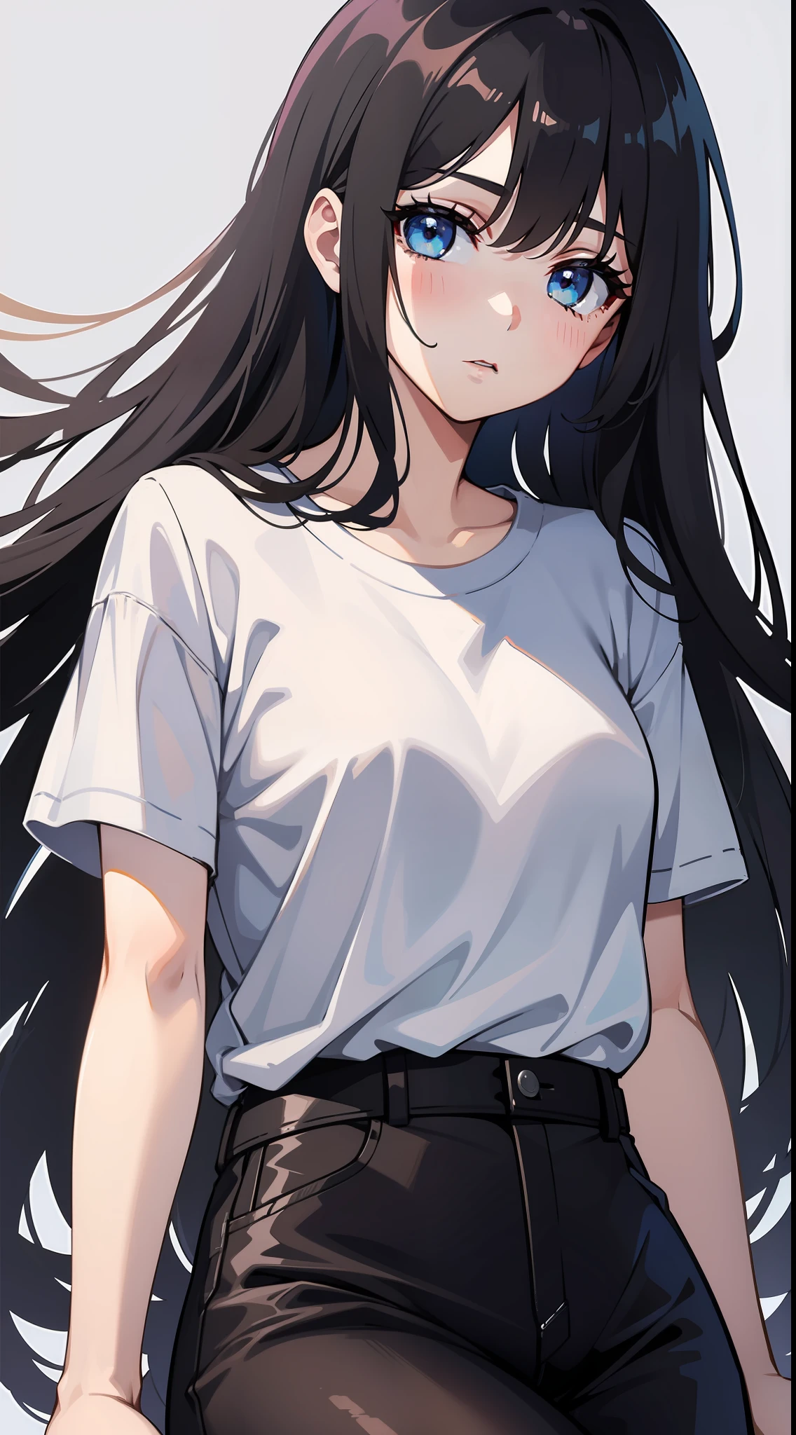young girl, Long black hair, blue eyes, white tshirt, Masterpiece, hiquality
