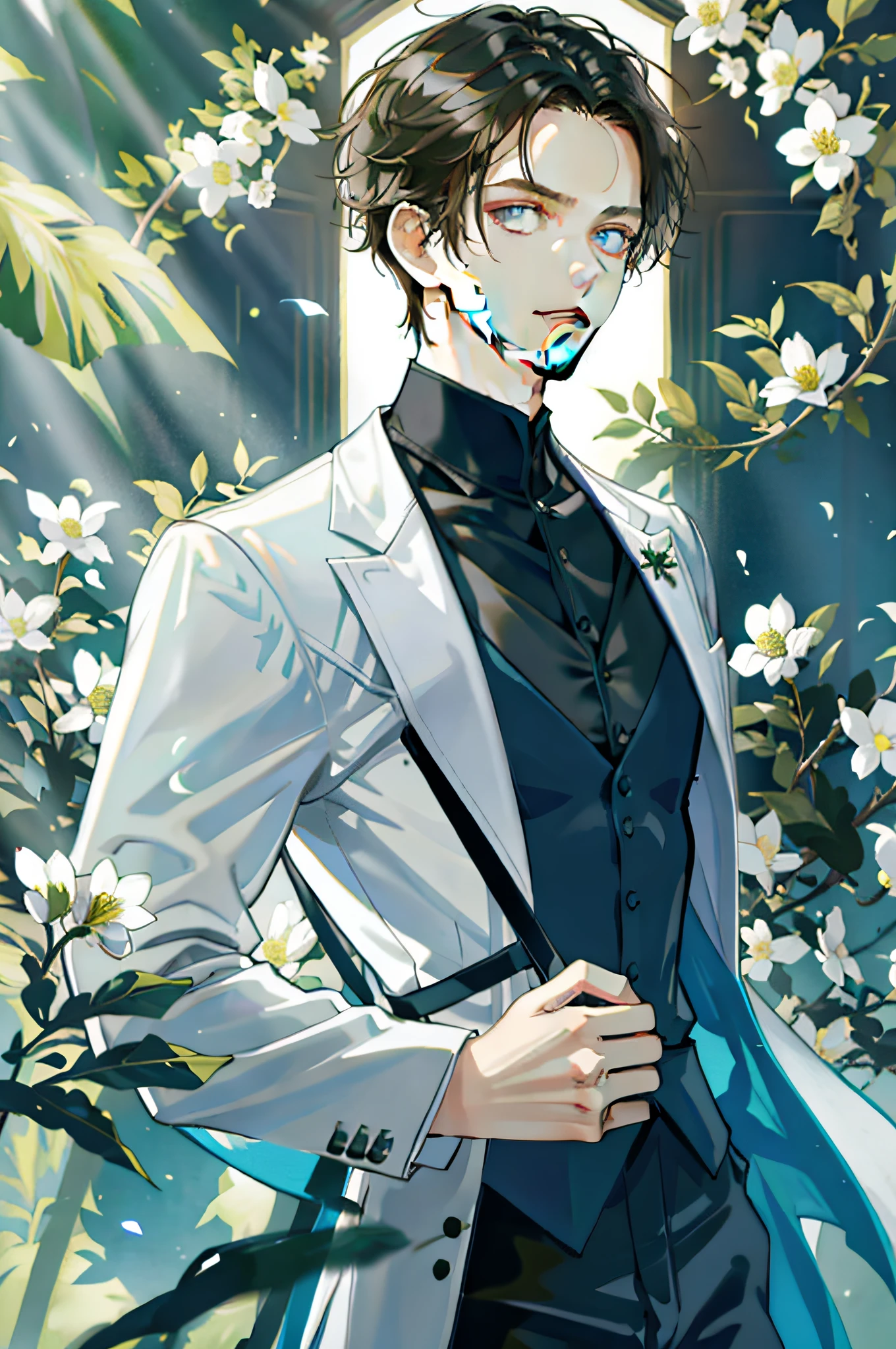 ((masterpiece:1.2, best quality)), 1man, adult, mature, handsome, extremely short hair, forehead, white suit, forest, blossom, glow, sunlight, best light and shadow, landscape, extremely detailed face, portrait, (muscle: 1.4, broad shoulder: 1.4), close-up, frontal, looking straight ahead