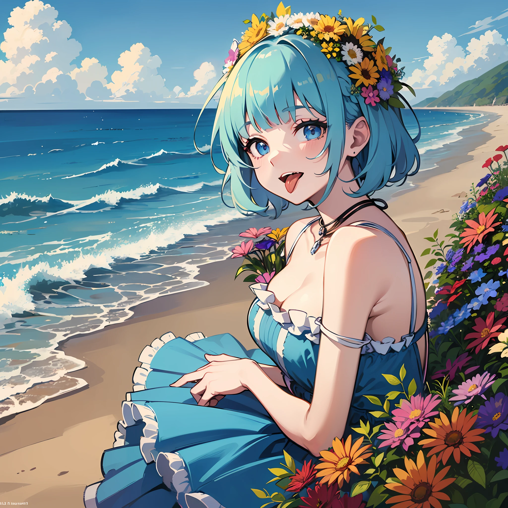 (masterpiece:1.3), (best quality:1.3), high resolution, 


couboy shot, 
leaning forward, (holding:1.1), body facing forward, 

(one cute girl:1.3), solo, 
white skin, small Breast, eight-headed person, 
light blue hair, (bobbed hair:1.2), (short hair:1.2), (blunt bangs:1.2), beautiful hair, blue eyes, beautiful detailed eyes, 

(tongue out:1.3), happy, cheerful smile, 

frilled dress, (bouquet:1.1), blue check skirt, Simple Costumes, 

outdoors, ocean, beach, flower garden, 

shadowlighting,