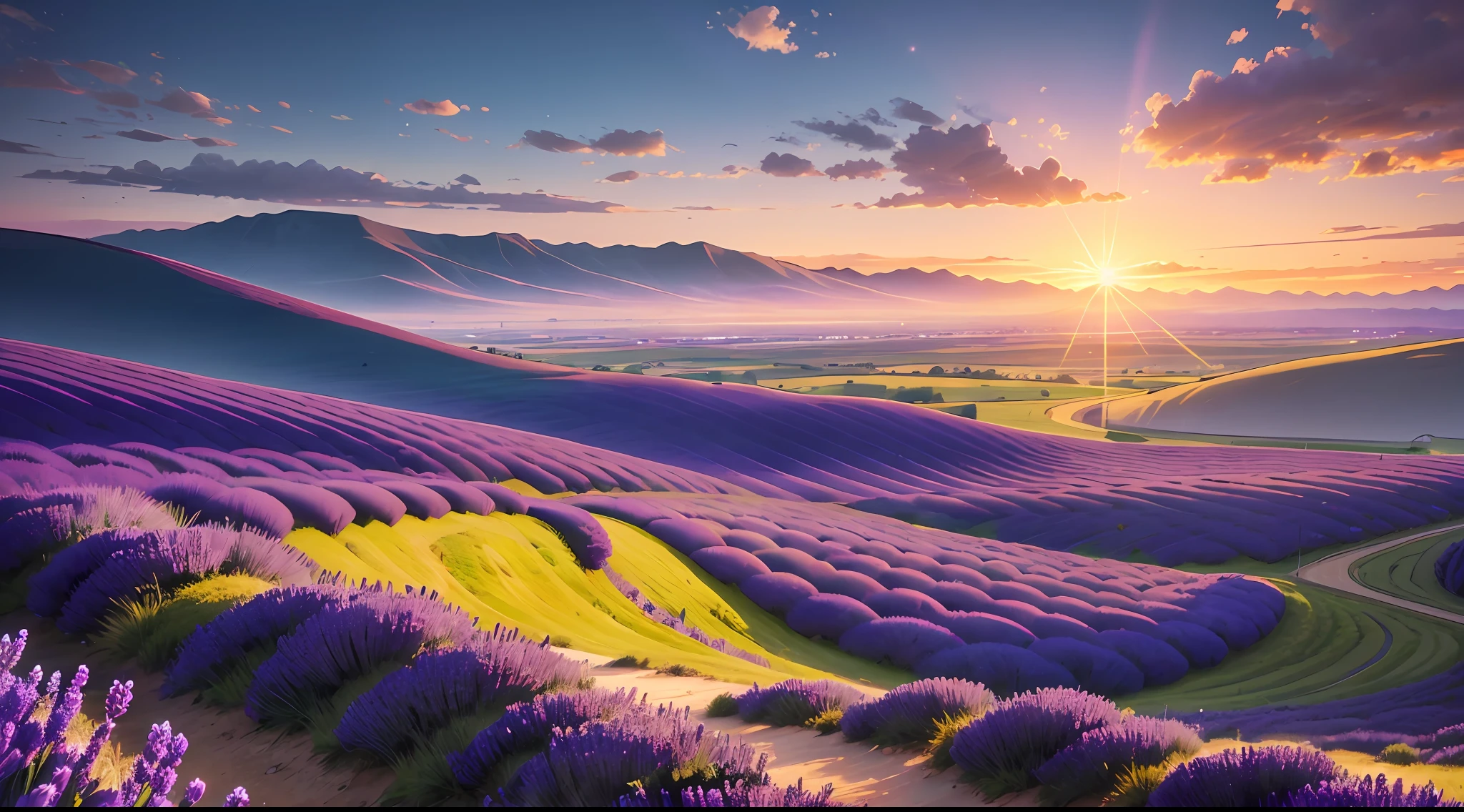 The image shows a vast lavender field, the purple flowers swaying in the gentle breeze. The sun is setting in the background, casting a golden glow over the landscape. The sky is ablaze with color, shades of pink, orange, and purple. In the foreground, there is a small country road, leading off into the distance. The image is simply stunning, capturing the beauty of nature at its finest.