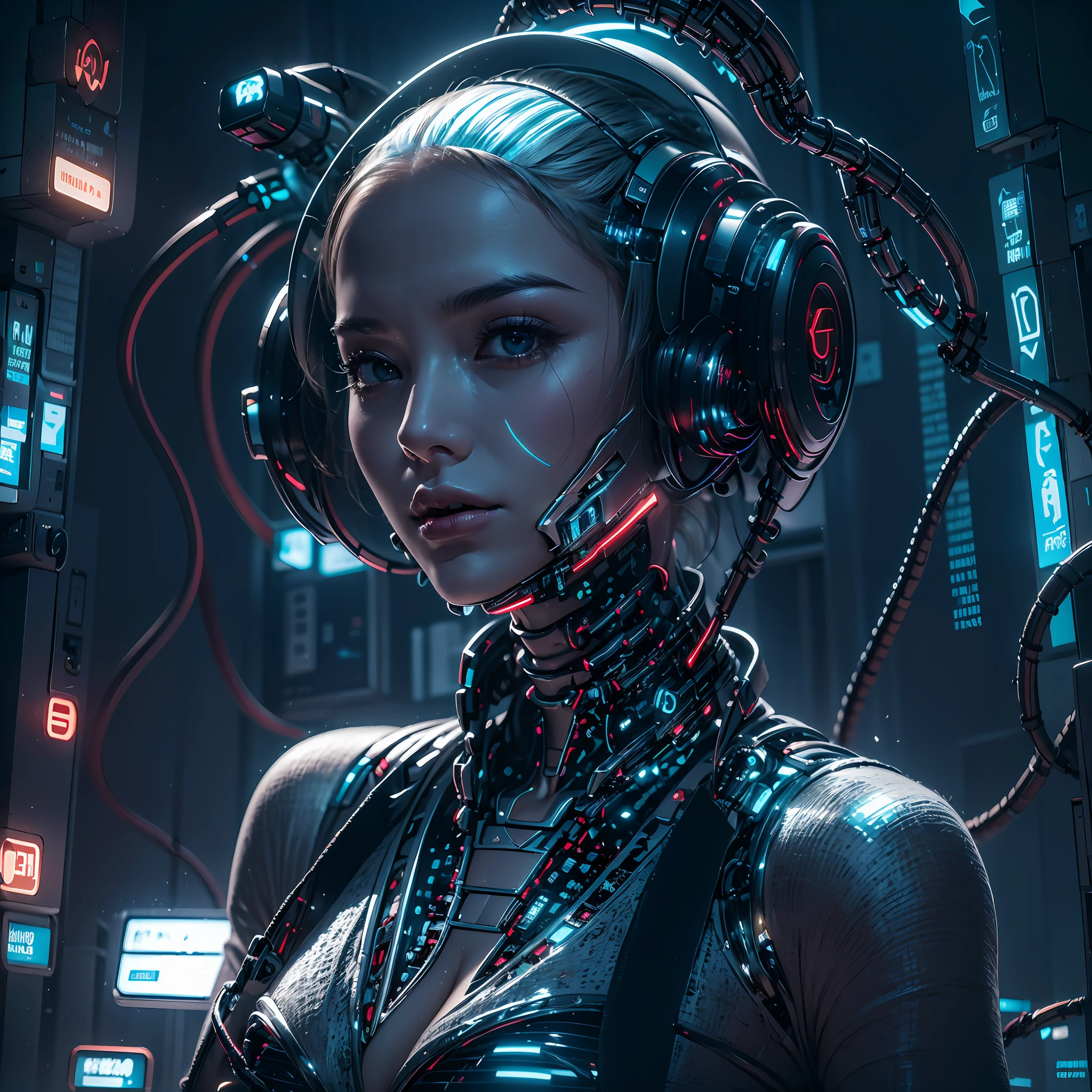 1girll，(cyber punk perssonage:1.3)，Bring headphones，Illuminated helmet and headphones，glowing jewelry，Glowing earrings，Glowing necklace，inside in room，Electronic wire background，best qualtiy，tmasterpiece，Movie filter presets，movie level lighting，c4d渲染，rendering by octane，with light glowing，(full bodyesbian:1.5)，slender leg，perfect foot，High chiaroscuro，no light on face