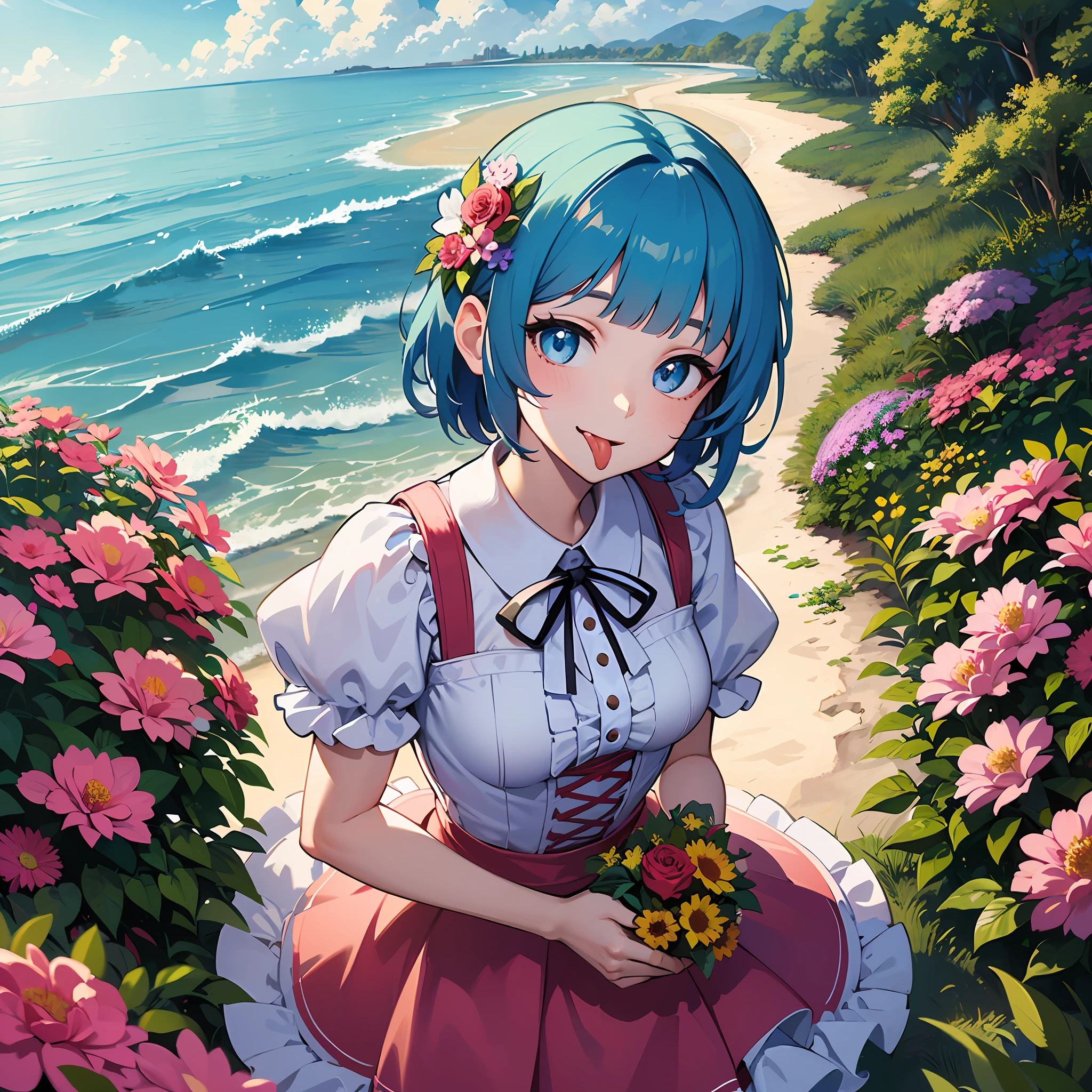(masterpiece:1.3), (best quality:1.3), high resolution, 


couboy shot, 
leaning forward, (holding:1.1), body facing forward, 

(one cute girl:1.3), solo, 
white skin, small Breast, eight-headed person, 
light blue hair, (bobbed hair:1.2), (short hair:1.2), (blunt bangs:1.2), beautiful hair, blue eyes, beautiful detailed eyes, 

(tongue out:1.3), happy, cheerful smile, 

frilled dress, (bouquet:1.1), blue check skirt, Simple Costumes, 

outdoors, ocean, beach, flower garden, 

shadowlighting,