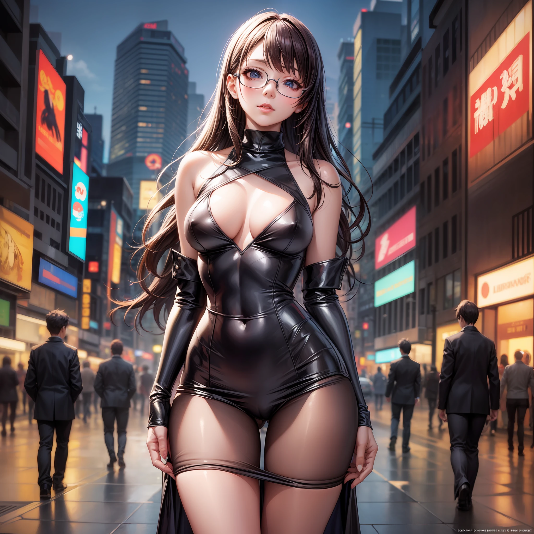 Anime woman wearing glasses and costume, Standing on the streets of the city, seductive anime girl, alena aenami and artgerm, artwork in the style of guweiz, artgerm. anime illustration, range murata and artgerm, detailed digital anime art, smooth anime cg art, beautiful alluring anime woman, little chest, bare shoulders and legs, Nipples are aroused