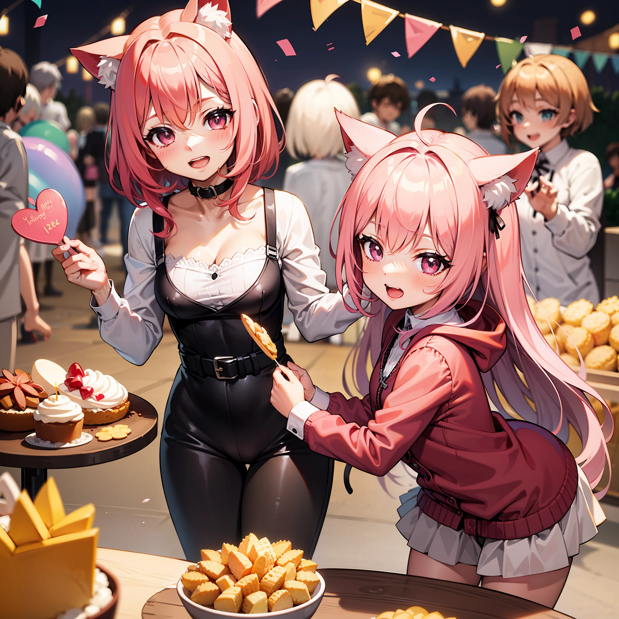 Cat's ears、Pink hair、Kawaii 1 Girl、celebration、happy birthday、cracker、confeti