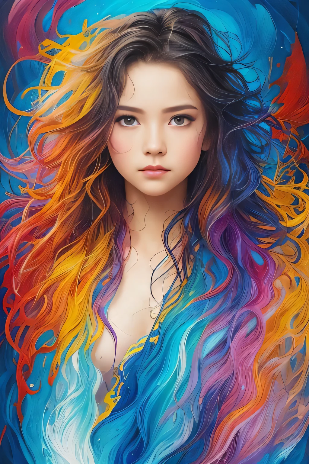 Colorful beautiful girl: a giru 8-years old, messy hair, oil painting, nice perfect face with soft skinice perfect face, blue yellow colors, light purple and violet additions, light red additions, intricate detail, splash screen, 8k resolution, masterpiece, cute face,artstation digital painting smooth veryBlack ink flow: 8k resolution photorealistic masterpiece: intricately detailed fluid gouache painting: by Jean Baptiste Mongue: calligraphy: acrylic: watercolor art, professional photography, natural lighting, volumetric lighting maximalist photoillustration: by marton bobzert:, complex, elegant, expansive, fantastical,  wavy hair, vibrant