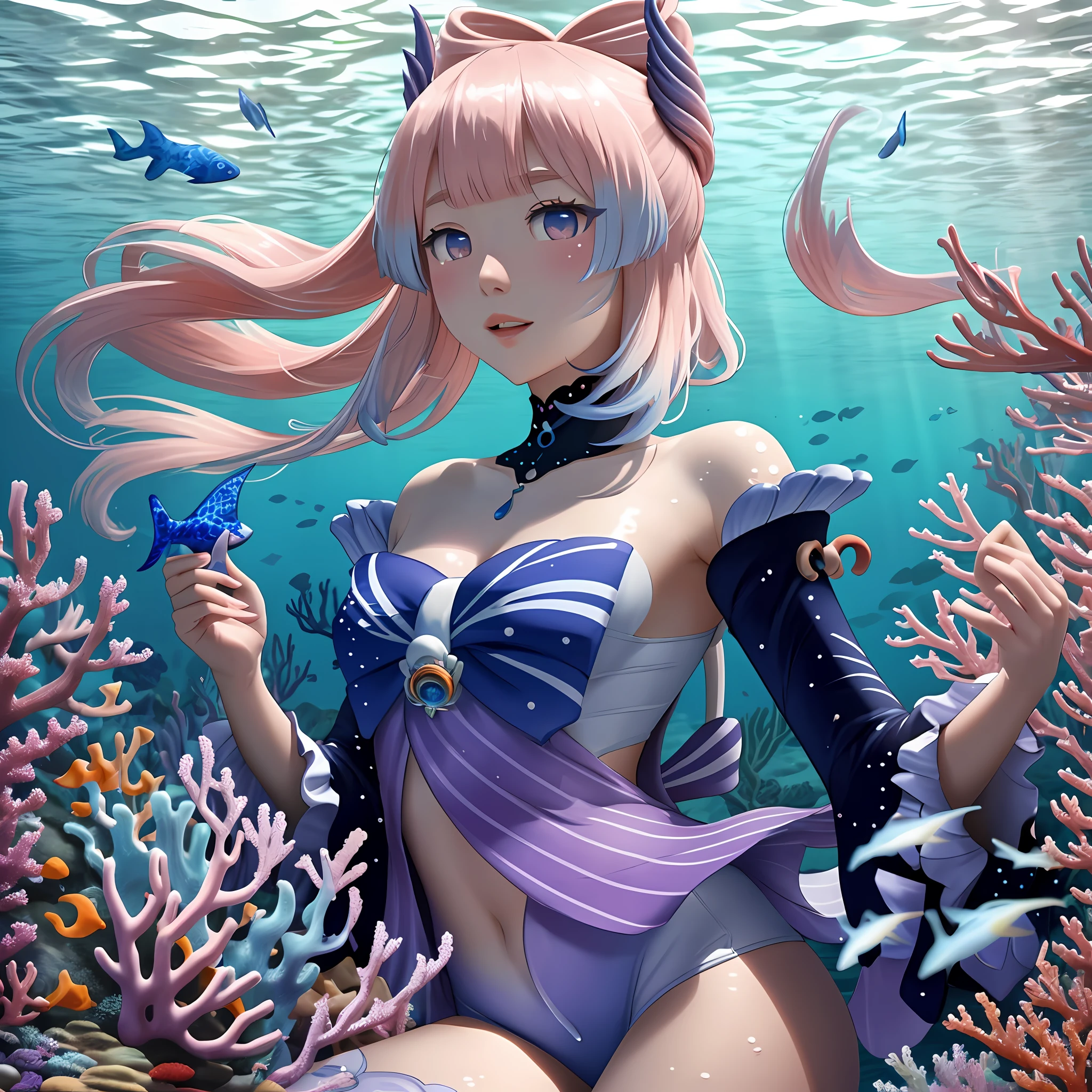 "Sangonomiya Kokomi gracefully swims in the depths of the ocean, surrounded by vibrant corals and freely swimming fish. Immersed in the beauty of the underwater scenery, create a masterpiece capturing every intricate detail. 4K HD quality brings the stunning visuals to life."