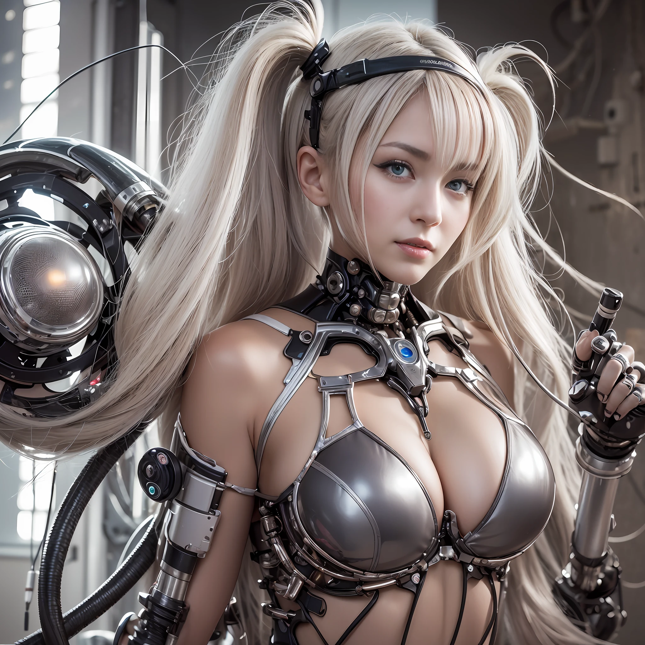 Beautiful Face,face is Japan, 1 Woman, Big, Curvaceous, (16k, RAW photo, top quality, masterpiece: 1.2), (HDR, Realistic, Photorealistic: 1.37) (tube attached to the body), (Bikini Cyborg robot parts)))), (light gray hair), Long hair, Wavy hair, Twin tails, Medium shot, ( Seductive smile)), (black eyes), double eyelids, princess cut, from below, (whole body),posing,,in the lab,( tube connected to blood vessel),((mechanical vertebrae attached to the back)),((mechanical neck attached to the neck)),(wire and cable attached to head and body),(character focus),science fiction,perfect female figure,perfect anatomy, hyperanatomy, full body shot, relationship between up to 4 fingers and 1 thumb, spherical joint,