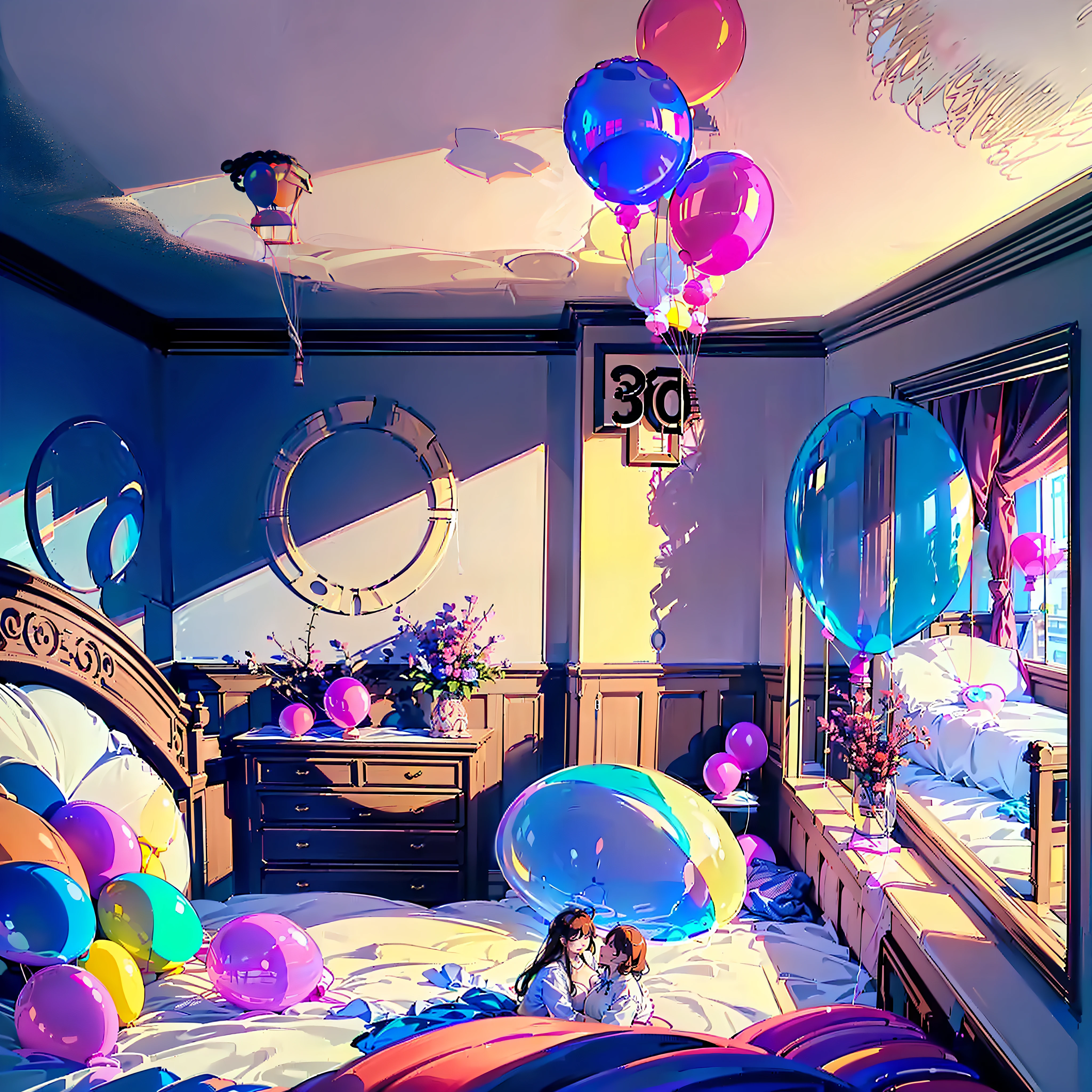 hightquality, animesque, (Bedroom full of oval 30-inch rubber balloons:2), (Two Mature Women:2), micro bikini in pink color, Large breasts, rubbing balloons against the body, Intense and embarrassing feelings, ahe face