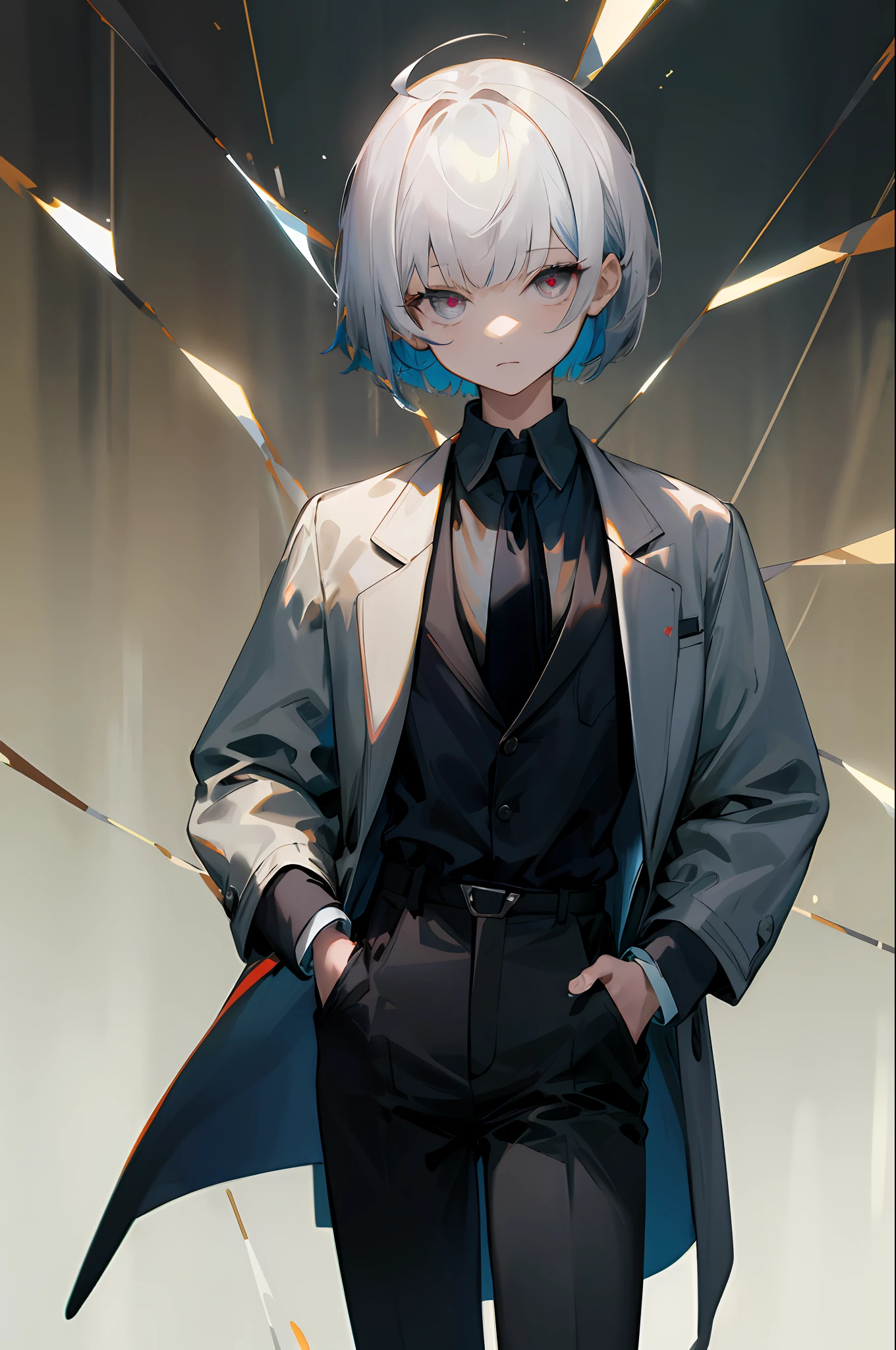 (masterpiece, best quality:1.2), cowboy shot, solo, 1girl, short hair, boyish haircut, expressionless, closed mouth, looking at viewer, hands in pockets, ringed eyes, formal, coat, collared shirt, black necktie, black pants