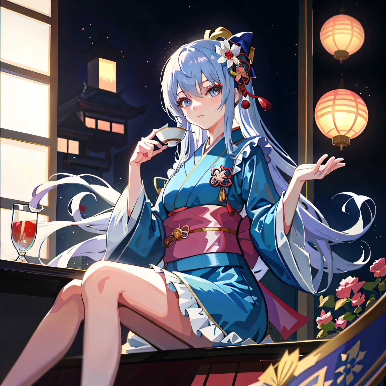 Anime girl in blue kimono holding tray and cup of tea, Palace , A girl in Hanfu, cute anime waifu in a nice dress, Guviz-style artwork, anime moe art style, in a kimono, komono, Smooth anime CG art, style of anime4 K, anime visual of a cute girl, Guviz