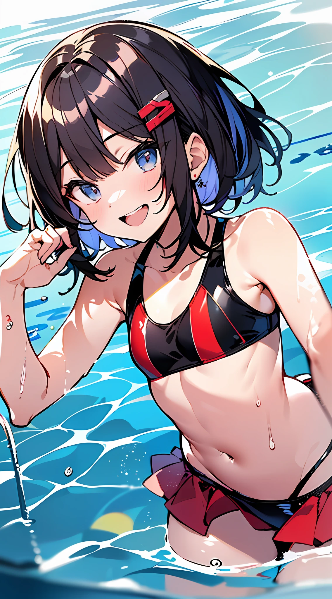 (Incredibly ridiculous absolute resolution:1.5)、hiquality、top-quality、masuter piece、Anime girl in red and white bikini, 魅惑的、Anime Loli, 8k Manga Wallpapers, Smile、Shy laughter、((small curvy loli))、  pretty anime girl,((swimming pools))、(Medium Shorthair)、(short braided hair)