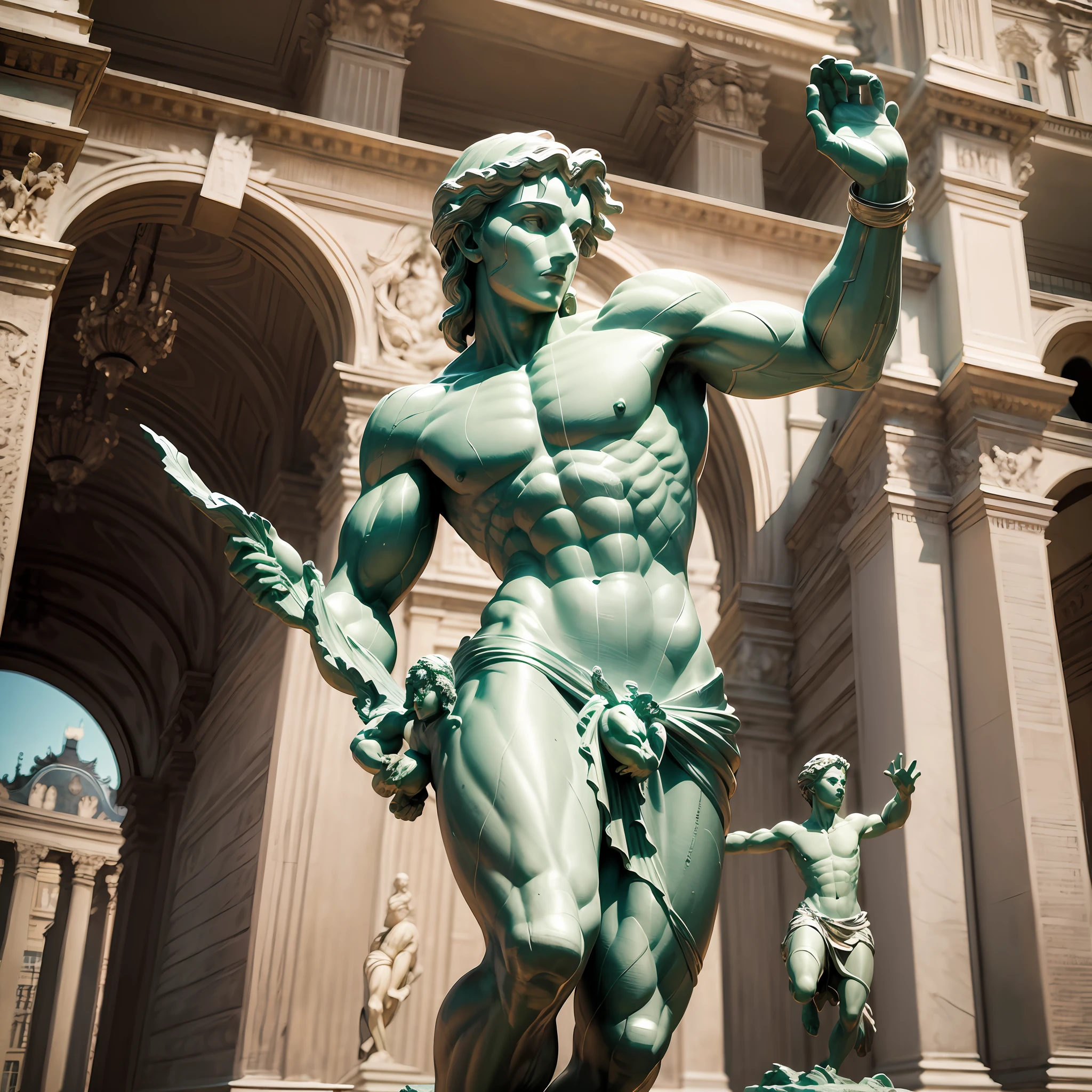 ((chase))(((statue of David by Michelangelo)))(running away from the Louvre Museum))sprint, beautiful sunset,