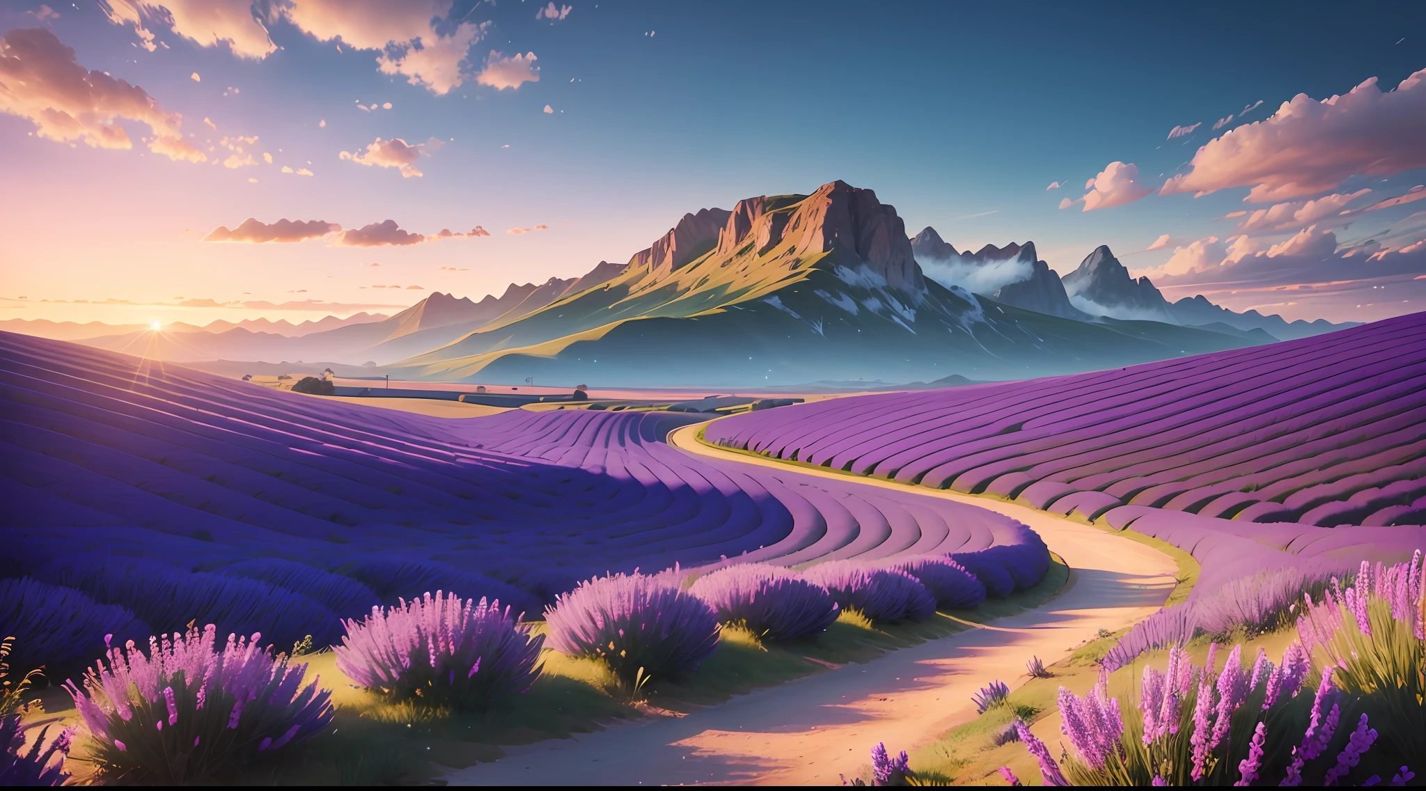 The image shows a vast lavender field, the purple flowers swaying in the gentle breeze. The sun is setting in the background, casting a golden glow over the landscape. The sky is ablaze with color, shades of pink, orange, and purple. In the foreground, there is a small country road, leading off into the distance. The image is simply stunning, capturing the beauty of nature at its finest.high detailed, 8k, upscaled, unreal engine 5 rendering, high quality coloring, high quality, extreme detail, 4k, ultra hd.