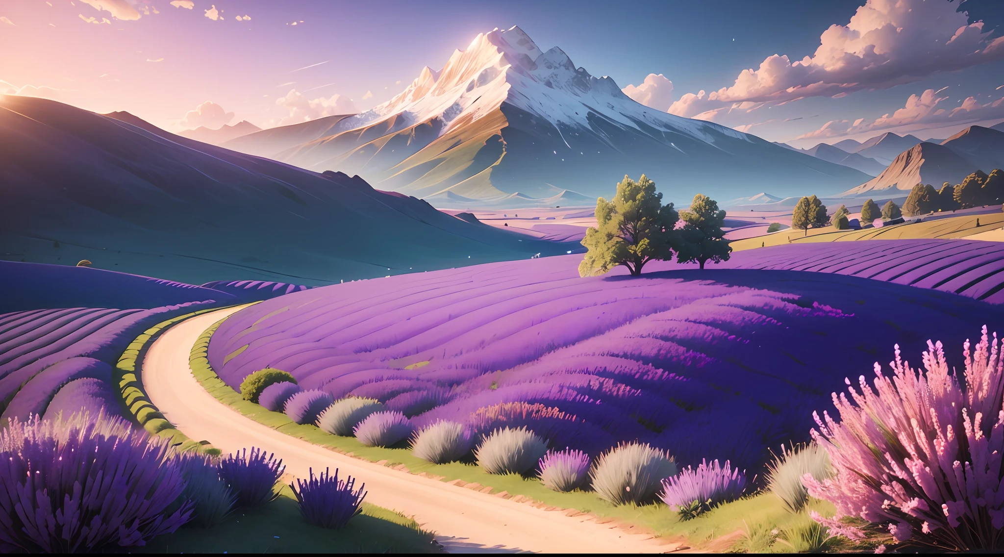 The image shows a vast lavender field, the purple flowers swaying in the gentle breeze. The sun is setting in the background, casting a golden glow over the landscape. The sky is ablaze with color, shades of pink, orange, and purple. In the foreground, there is a small country road, leading off into the distance. The image is simply stunning, capturing the beauty of nature at its finest.high detailed, 8k, upscaled, unreal engine 5 rendering, high quality coloring, high quality, extreme detail, 4k, ultra hd.