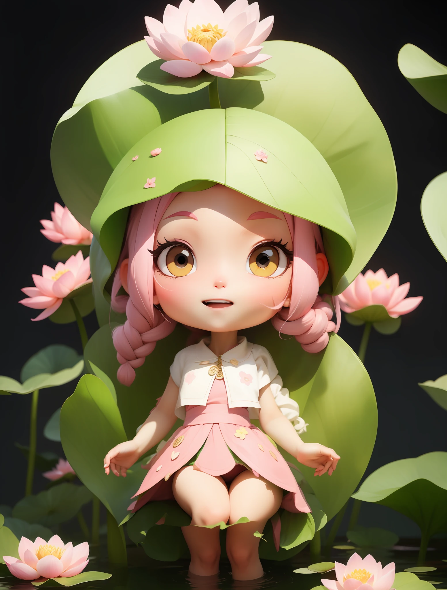 Pink Long Hair,Long braids,Pink lotus skirt