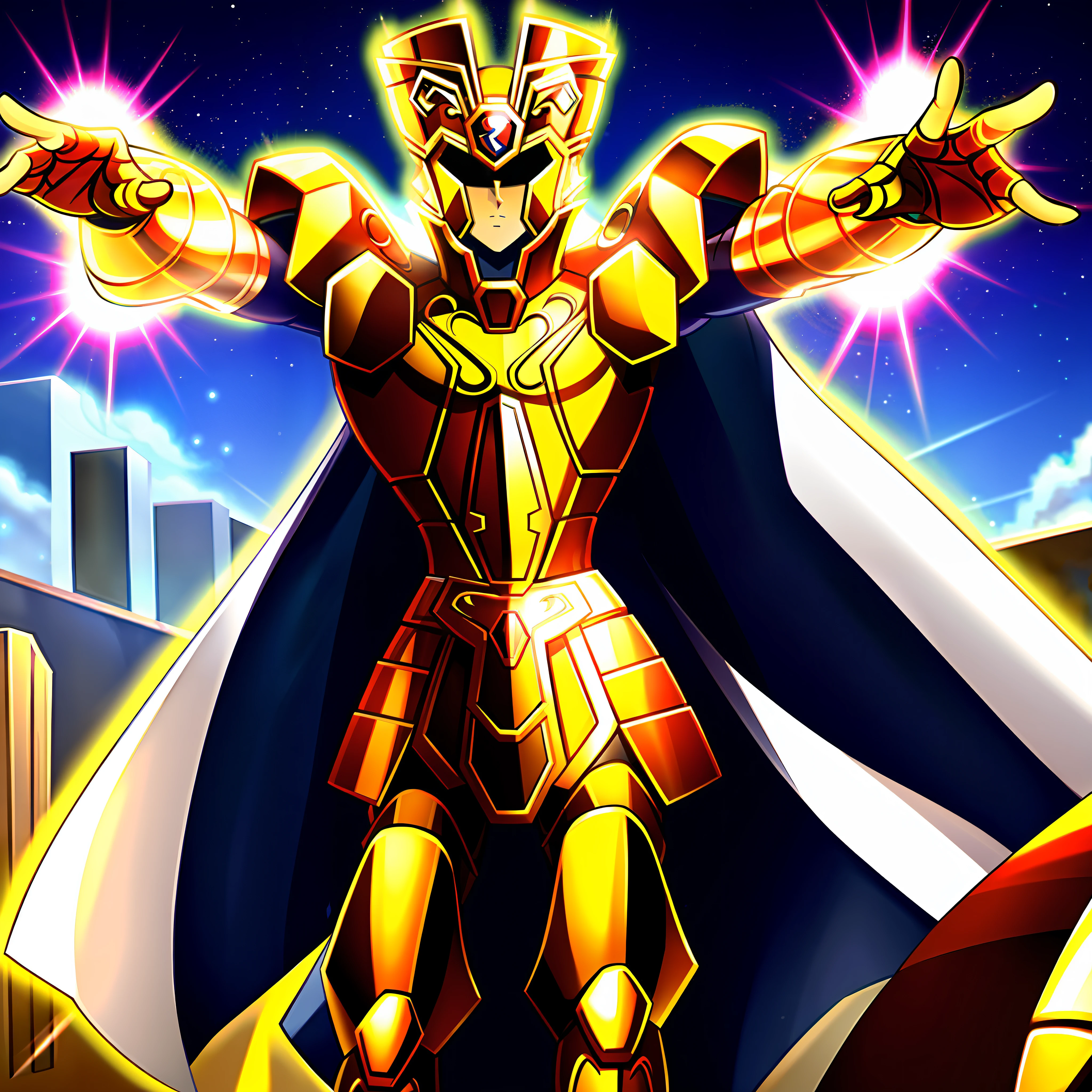 GeminiArmadura, armadura de ouro, Superman como 1boy, armadura, dramatic sky, olhando para o espectador, armadura, boca fechada, parte superior do corpo, graves, capacete, na ponte do templo grego, anime, corpo inteiro. walking towards the viewer, botas