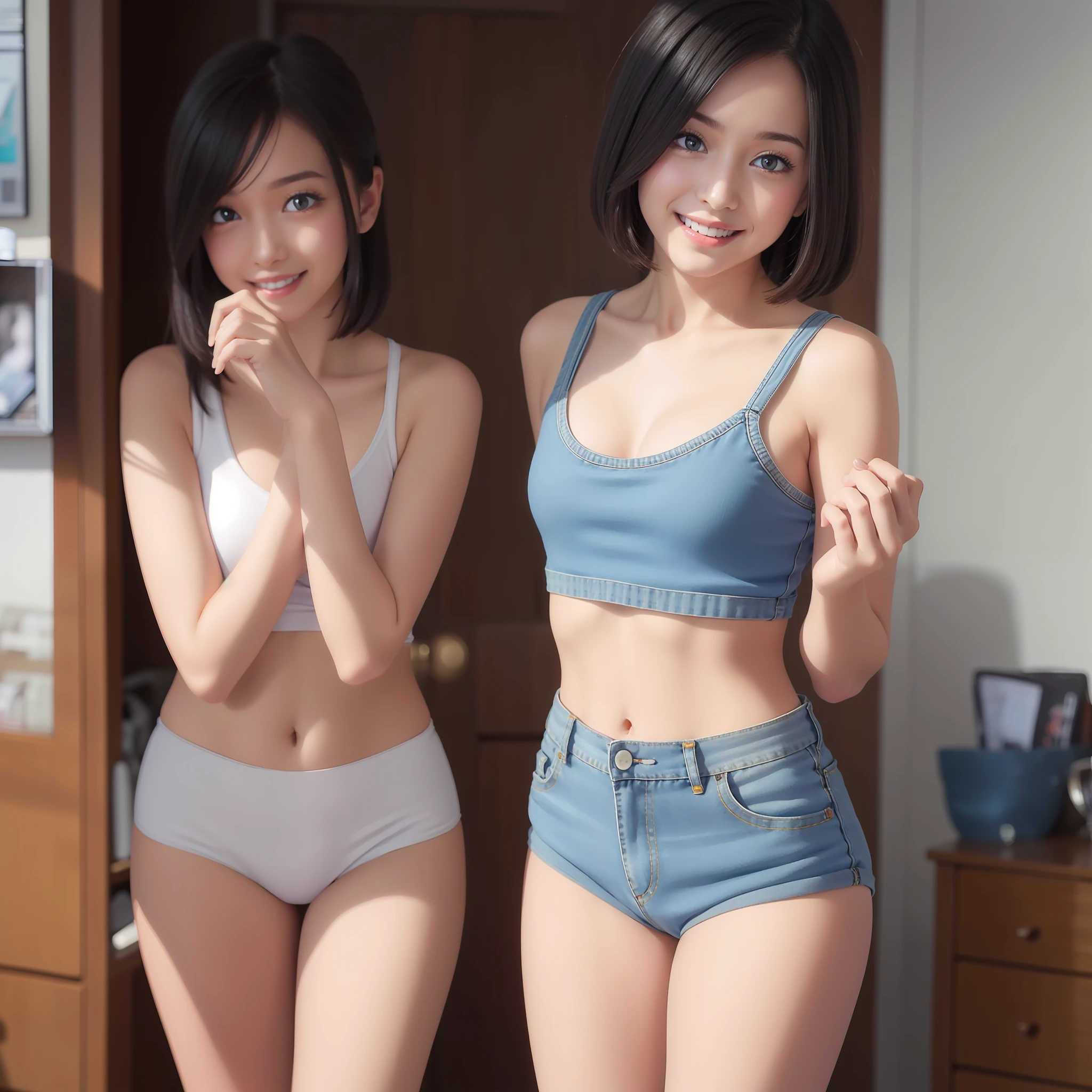 With the best image quality、Teenage girl standing in room。Black Hair Bob Hair、Cute smile.。(tiny chest)、Denim Good、Denim panties