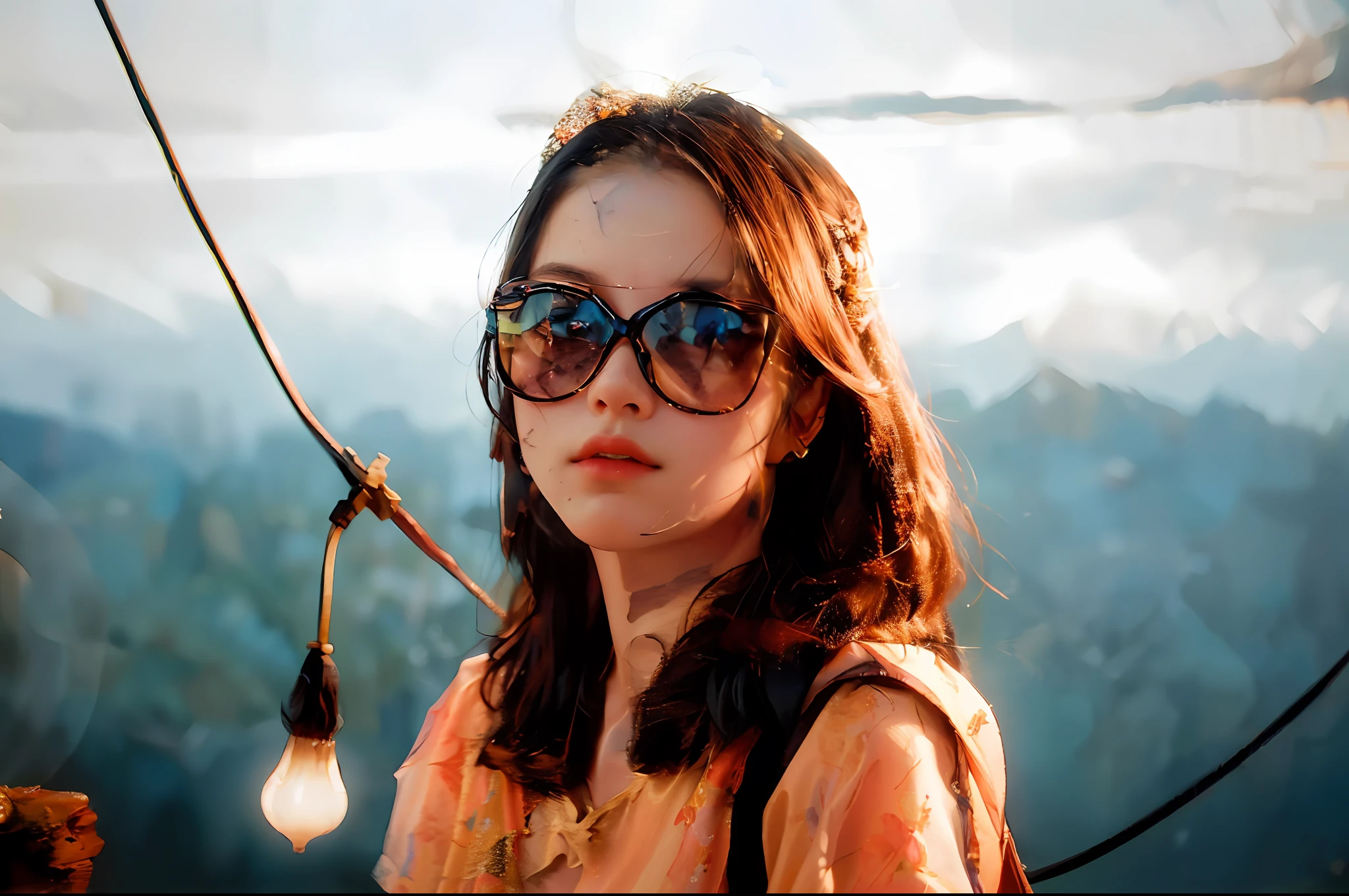 (RAW photo, best quality), (realistic, photo-realistic:1.3),best quality,highly detailed,masterpiece,ultra-detailed,illustration,1girl,upper_body,dynamic angle,world masterpiece theater,messy_long_hair,best quality,extremely detailed CG unity 8k wallpaper,ink,Amazing,cinematic lighting,lens_flare, dunhuang_style