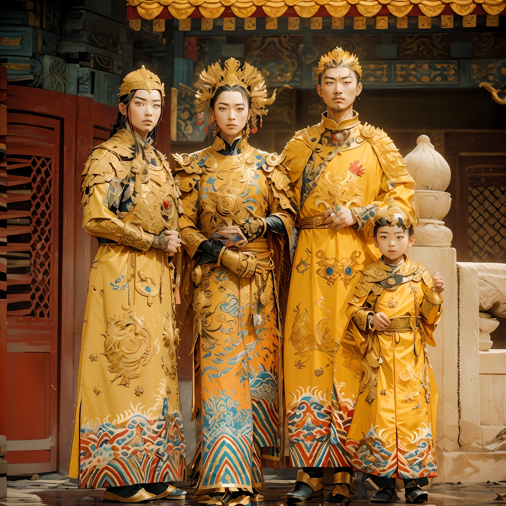 A man in a golden dragon robe,the emperor,A woman in a phoenix robe,Empress,Two boy sons,Wearing two royal ,Family of 4,Four people,looks into camera,((tmasterpiece))), (((best qualtiy))), ((ultra - detailed)), (Ultra photo realsisim), (highly detailed CGillustration), Movie light, realisticlying, Extremely beautiful man, Complex and detailed,
