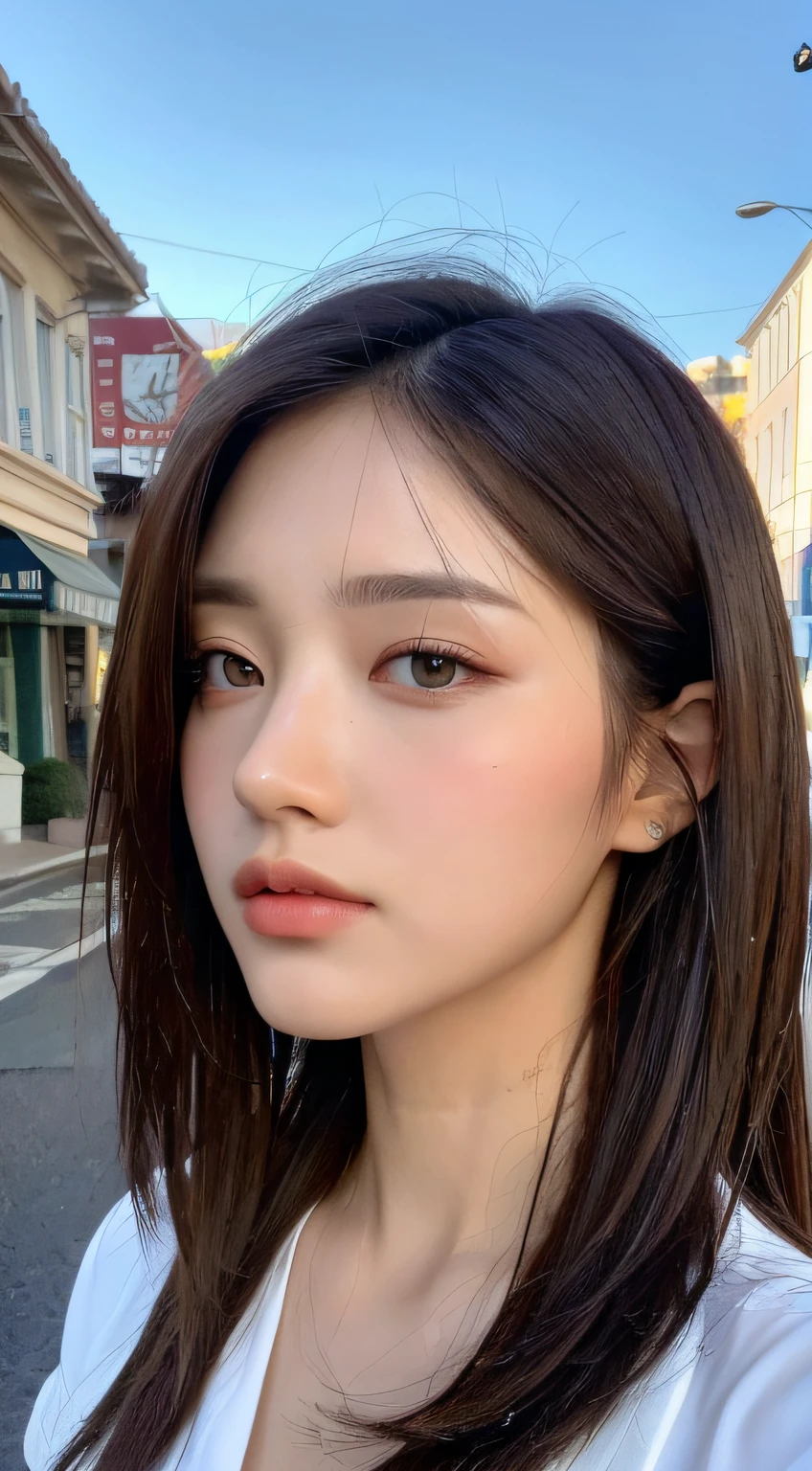 ((Best Quality, 8K, Masterpiece: 1.3)), Sharp: 1.2, Perfect Body Beauty: 1.4, Slim Abs: 1.2, ((Layered Hairstyle, Big Breasts: 1.2)), (Wet White Button Long Shirt: 1.1), (Rain, Street: 1.2), Wet: 1.5, Highly detailed face and skin texture, detailed eyes, double eyelids, side face looking at the camera