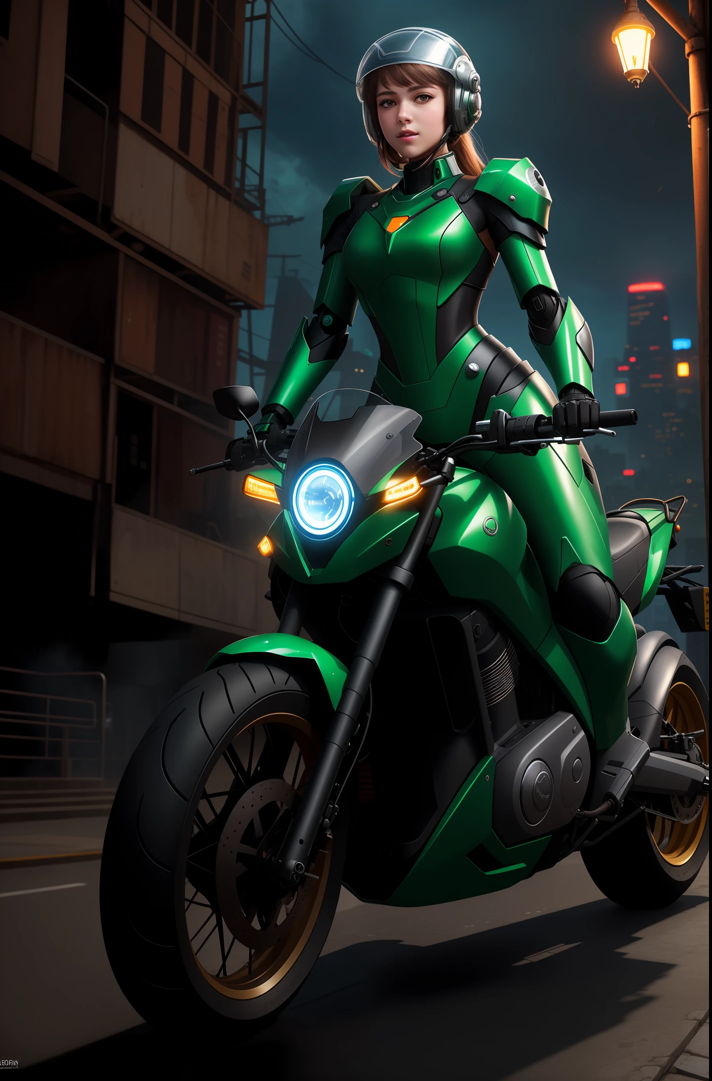 Highest image quality, outstanding details, ultra-high resolution, (realism: 1.4), the best illustration, favor details, highly condensed 1girl, with a delicate and beautiful face, dressed in a black and green mecha, wearing a mecha helmet, holding a directional controller, riding on a motorcycle, the background is a high-tech lighting scene of the future city.