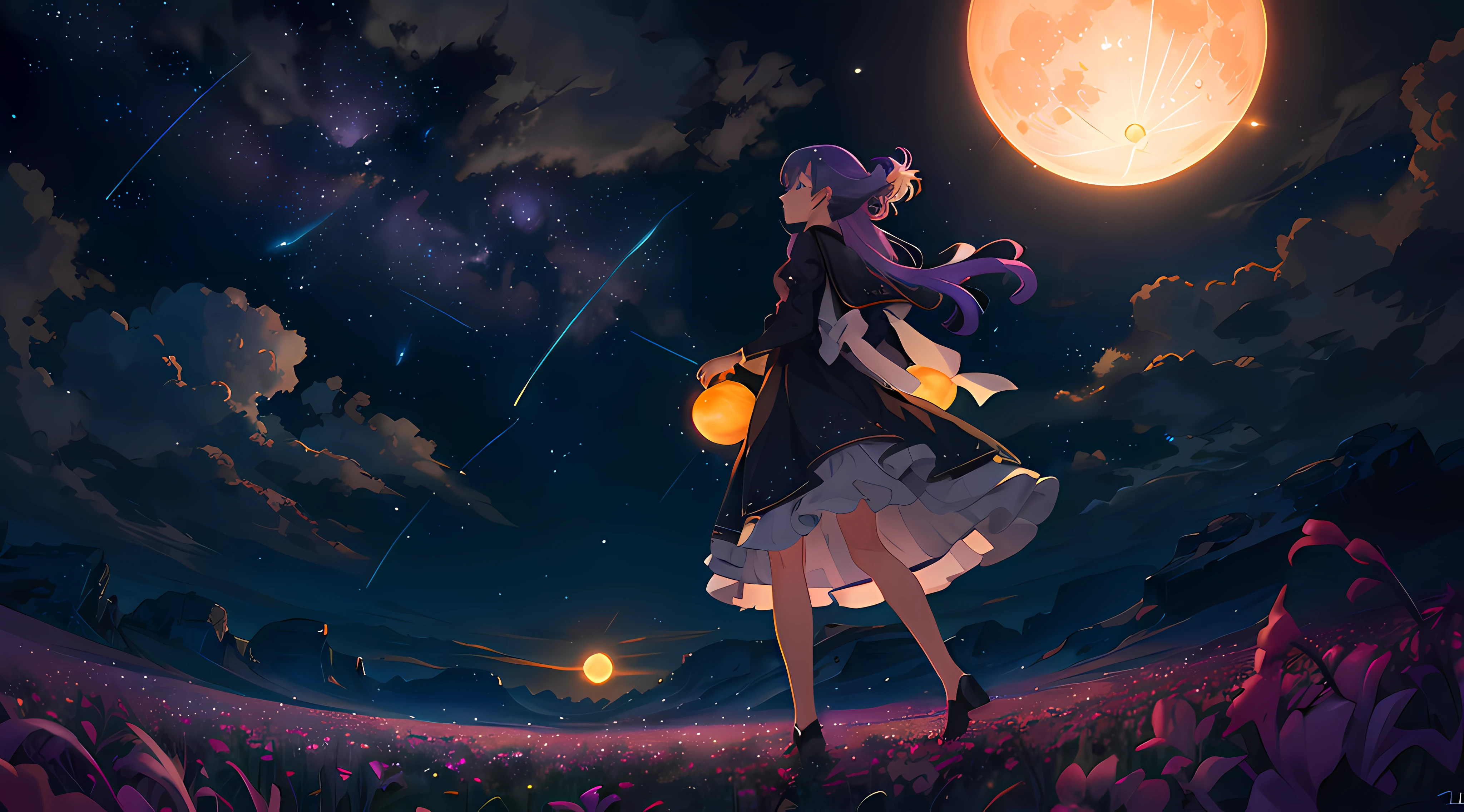 Anime girl in a flower field，The background is the full moon。, Anime art wallpaper 8 K, Anime art wallpaper 4 K, Anime art wallpaper 4k, Anime wallpaper 4K, Anime wallpaper 4 k, 4K anime wallpaper, style of anime4 K, nightcore, Beautiful anime artwork, dreamy night, High Quality Anime Art Style, anime wallaper, anime wallpaper