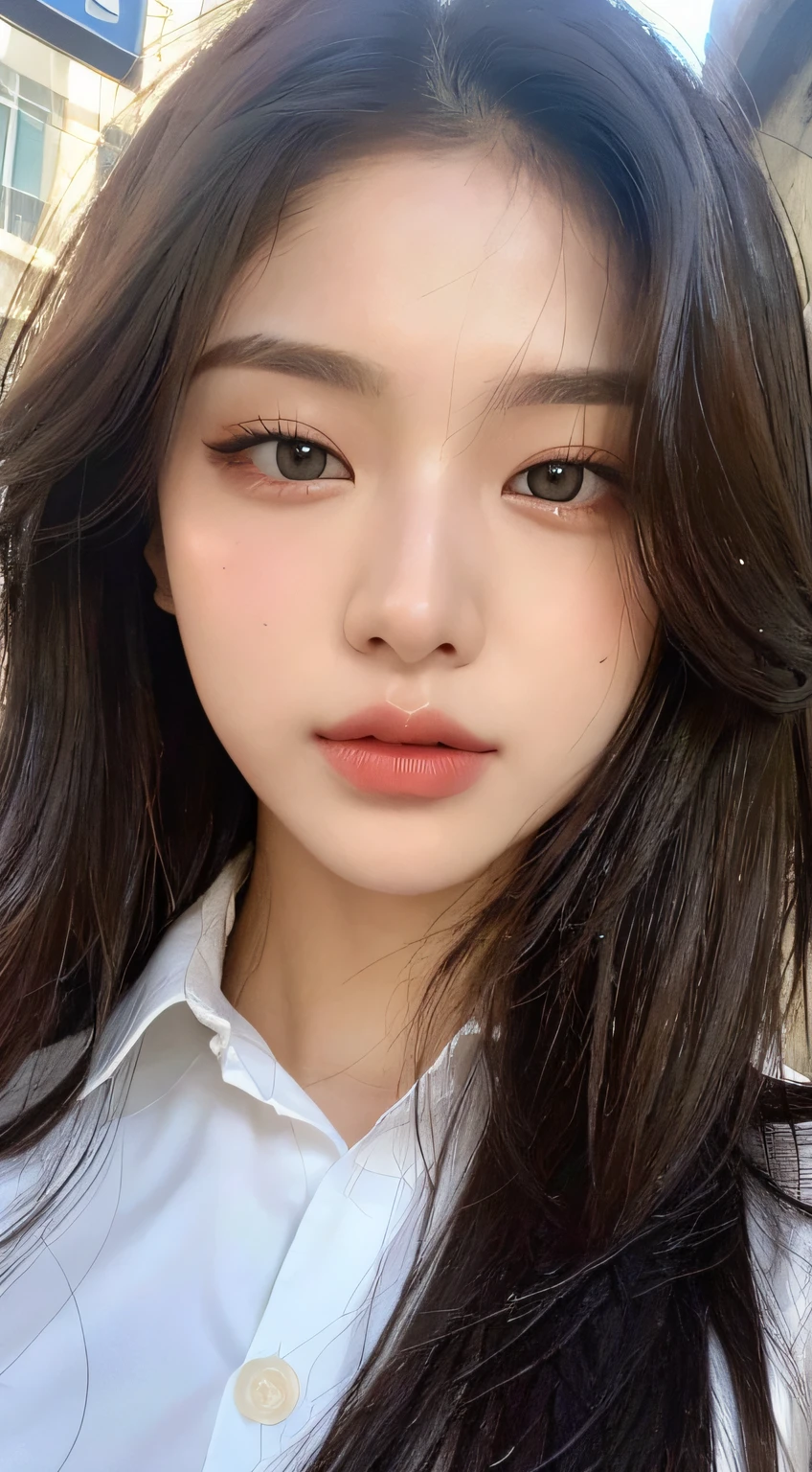 ((Best Quality, 8K, Masterpiece: 1.3)), Sharp: 1.2, Perfect Body Beauty: 1.4, Slim Abs: 1.2, ((Layered Hairstyle, Big Breasts: 1.2)), (Wet White Button Long Shirt: 1.1), (Rain, Street: 1.2), Wet: 1.5, Highly detailed face and skin texture, detailed eyes, double eyelids, side face looking at the camera
