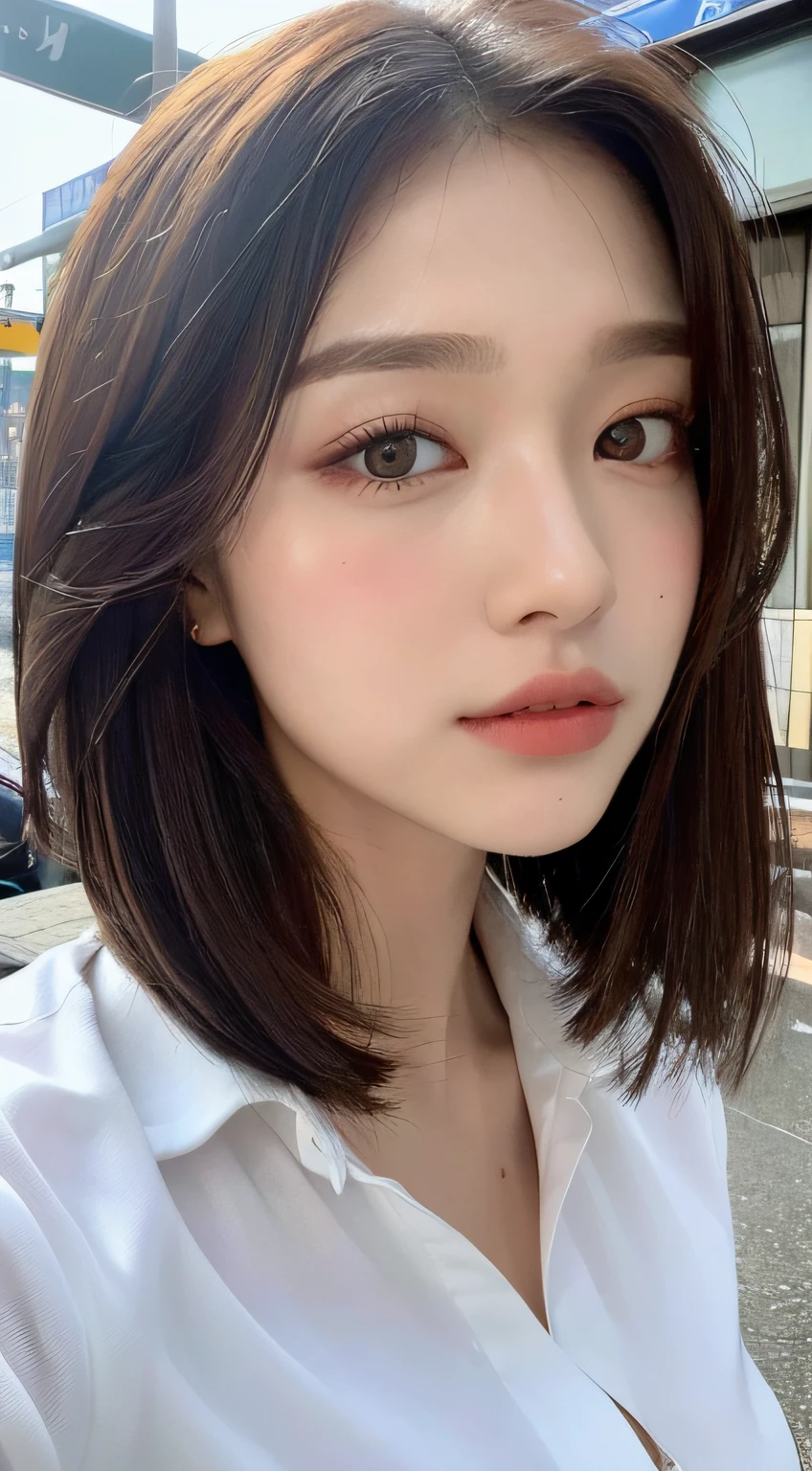 ((Best Quality, 8K, Masterpiece: 1.3)), Sharp: 1.2, Perfect Body Beauty: 1.4, Slim Abs: 1.2, ((Layered Hairstyle, Big Breasts: 1.2)), (Wet White Button Long Shirt: 1.1), (Rain, Street: 1.2), Wet: 1.5, Highly detailed face and skin texture, detailed eyes, double eyelids, side face looking at the camera