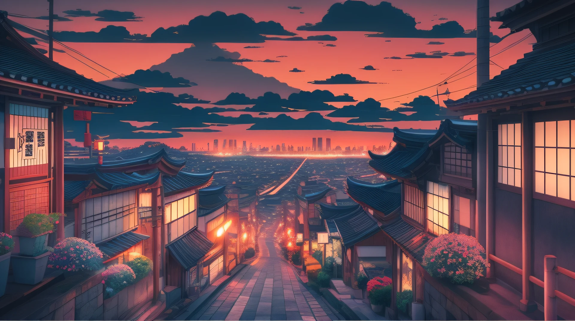 landscape, wind, twilight, lofi theme, japanese city, colorful, old city, masterpiece
