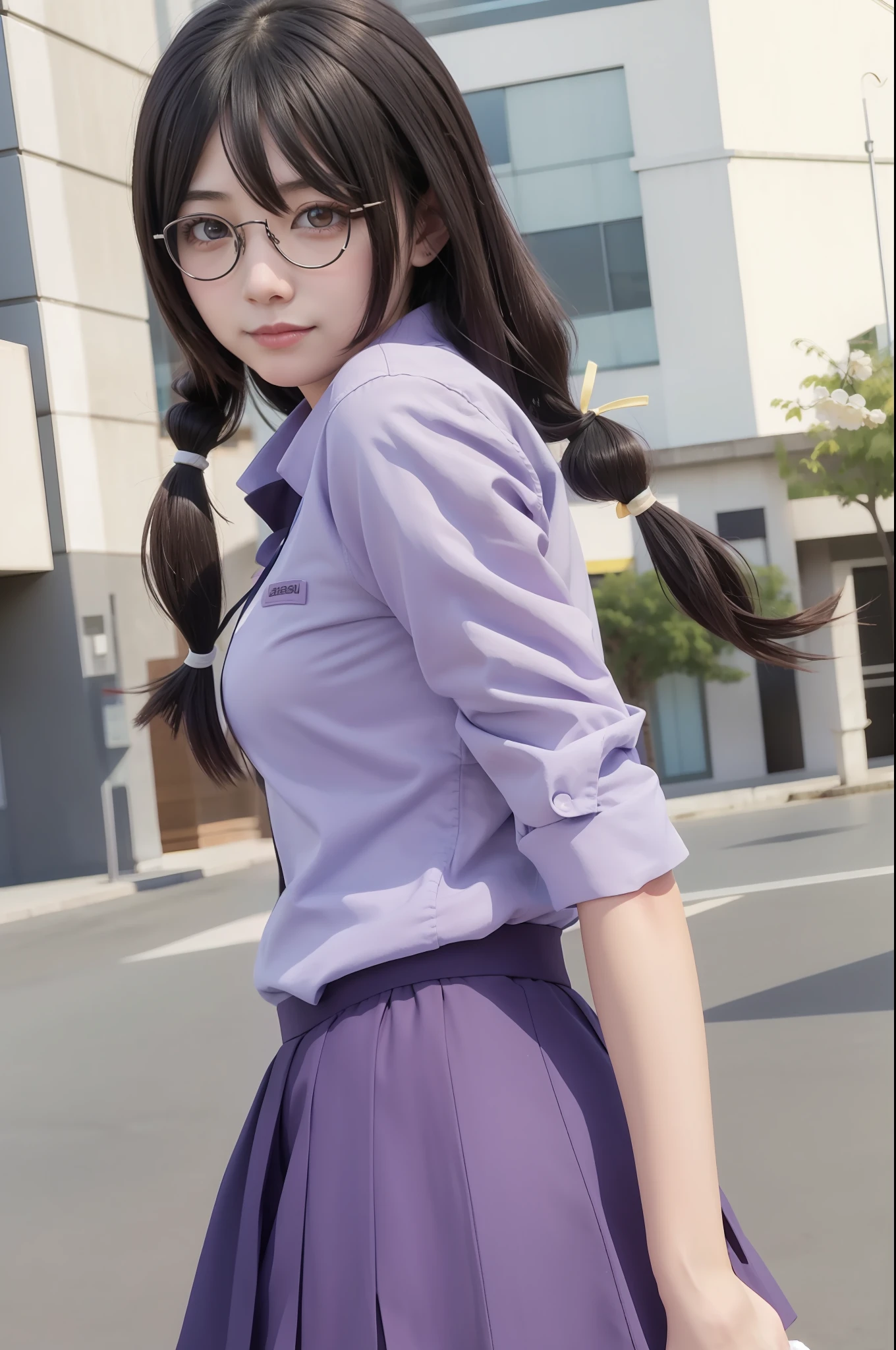 hanekawatsubasa, hanekawa tsubasa, Long hair, Black hair, Hair Ornament, (Purple eyes:1.1), hair clips, Twin braids, naoetsu high school uniform, Glasses, BREAK skirt, School uniform, naoetsu high school uniform, BREAK outdoors, city, BREAK looking at viewer, BREAK (masutepiece:1.2), Best Quality, High resolution, Unity 8k壁纸, (Illustration:0.8), (Beautiful detailed eyes:1.6), extra detailed face, Perfect Lighting, (Perfect hands, Perfect Anatomy),A smile