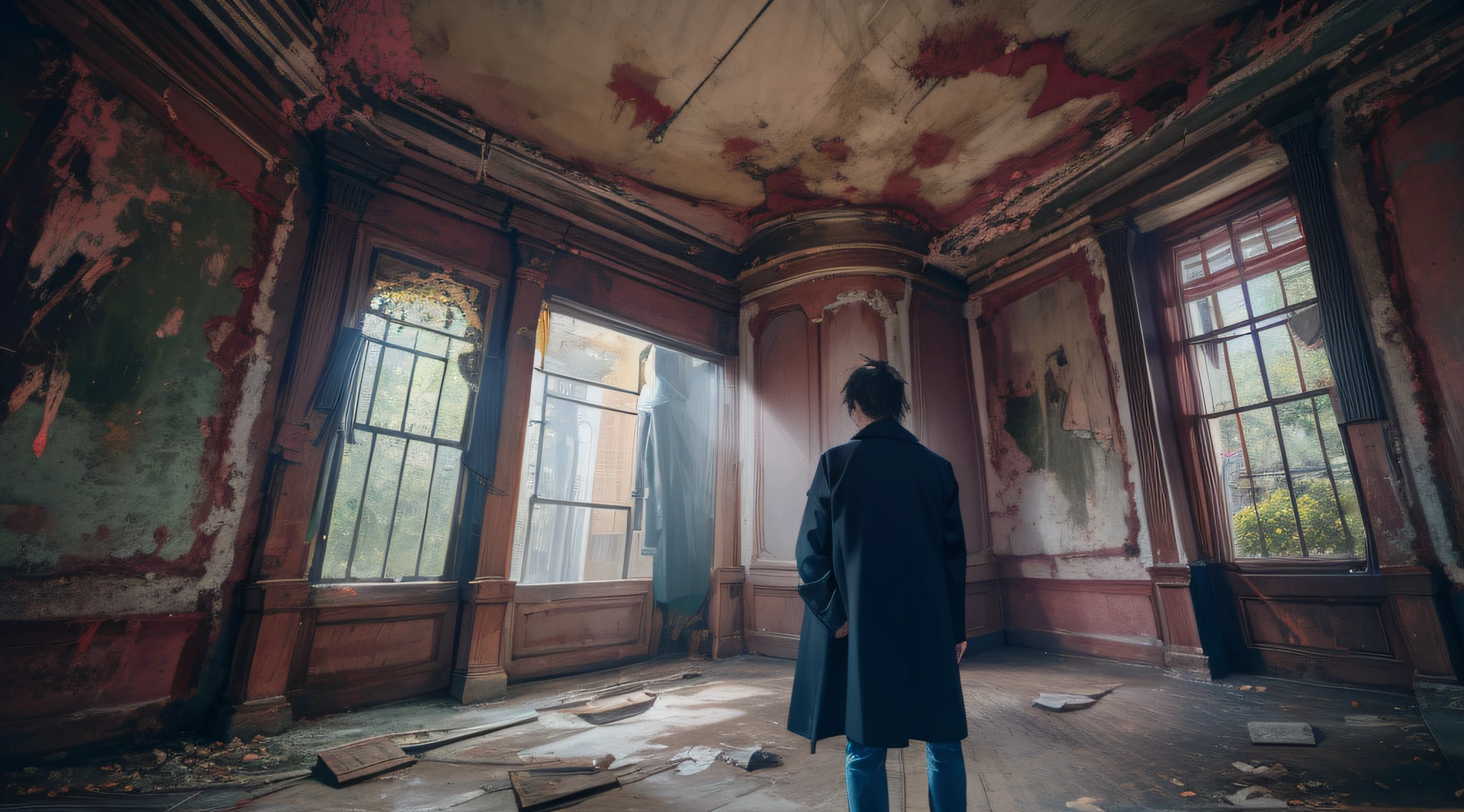 A man stands in front of a murderous mansion。The Murder Mansion is an ancient building，Shabby and eerie，There are cracks and faded paint on the walls。Man wearing black coat and jeans，With a nervous expression。sudden，He noticed a vague ghost on the wall，It gives a feeling of horror and distraction。The surroundings are a dim scene，It creates a mysterious and terrifying atmosphere。The style is photography，Use standard lenses，The focal length is 50mm。