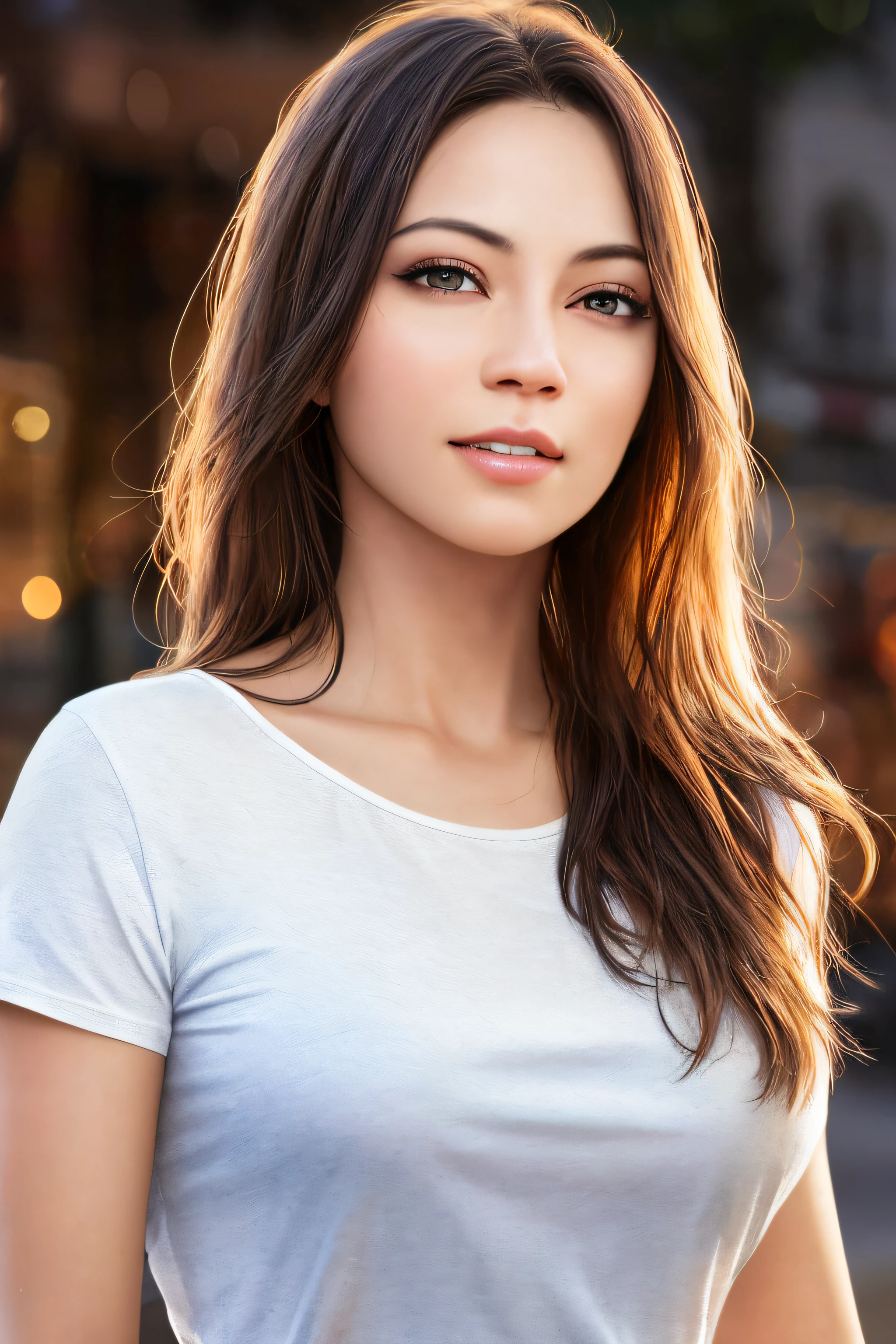 dressed, (photo realistic:1.4), (hyper realistic:1.4), (realistic:1.3),
(smoother lighting:1.05), (increase cinematic lighting quality:0.9), 32K, shiny skin,
1girl,20yo girl, realistic lighting, backlighting, light on face, ray trace, (brightening light:1.2), (Increase quality:1.4),
(best quality real texture skin:0.3), finely detailed eyes, finely detailed face, finely quality eyes, french beauty,
t-shirts, cowboy shot