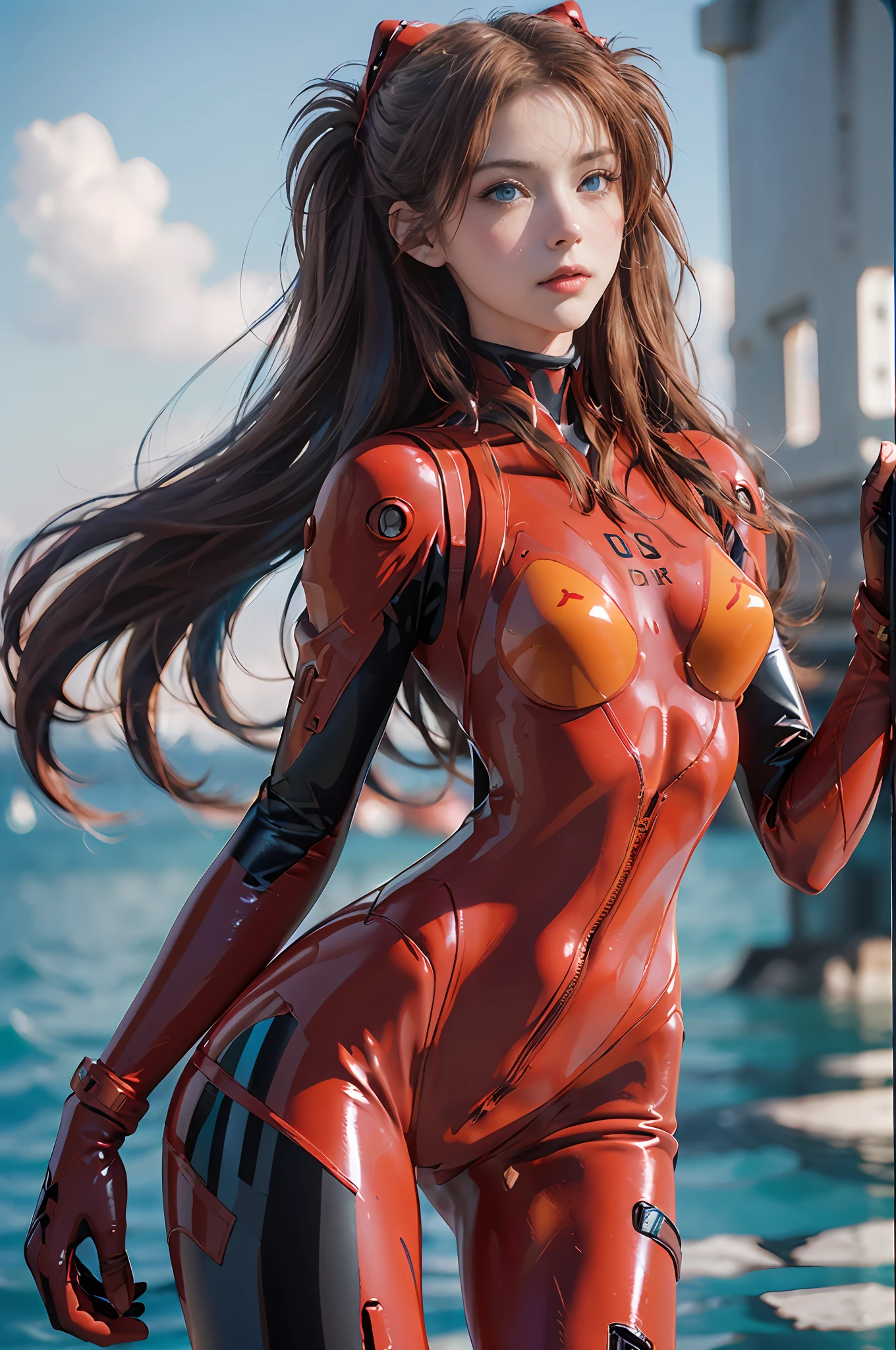 Masterpiece,8k,3D,(((Whole body:1.1)))),(Realistic),Photography,Best Quality,perfect anatomy,NSFW1.1, 1 Female, (((souryuuasukalangley, Souryu Aska Langley,Crimson Plug Suit 02)))),20 years old,(Tall,Small face)),Vivid coloring,(from below:1.5)),( Turn Around Pose: 1.5), (Face and Eye Details:1.1), Detailed Face, Detail Lips, Detail Eyes, Double Eyelids, ((Beautiful Face, Beautiful Eyes, Blue Eyes)), Wet Eyes, Thin Sharp Pale Eyebrows, Long Eyelashes, (Seductive Smile),((See through)),(((Crimson Bodysuit, Crimson Latex Suit, Crimson Enamel Suit)))), (Glossy),((Black latex inside arms) ),wet body, (((holographic leather))),((cameltoe)),(erect,, small logo pattern on the chest is 02、((Black connection parts with a perfect circle under the chest)),((Black connection parts on the shoulder with a perfect circle)), Metallic detailed luster, two simple thick black lines from thighs to buttocks, green parts on shoulder blades, A bodysuit that shines like a mirror, (delicate and beautiful fingers)),(smooth body line)), light brown hair,twin tails, long legs, thin waist,pale skin, (open sea,on board of an aircraft carrier,on a battleship, Vivid blue sky,horizonline,strong natural light,detailed background, sunlight),self-righteous, arrogant, blush, ((shy)), very delicate and beautiful girl, stand,open legs,(to8 contrast style), movie lighting: 1,UHD, DSLR,Fujifilm XT3,Sharp focus: 1.2, maximum clarity and sharpness,multi-layered texture , albedo and specular maps, surface shading, accurate simulation of light-material interactions