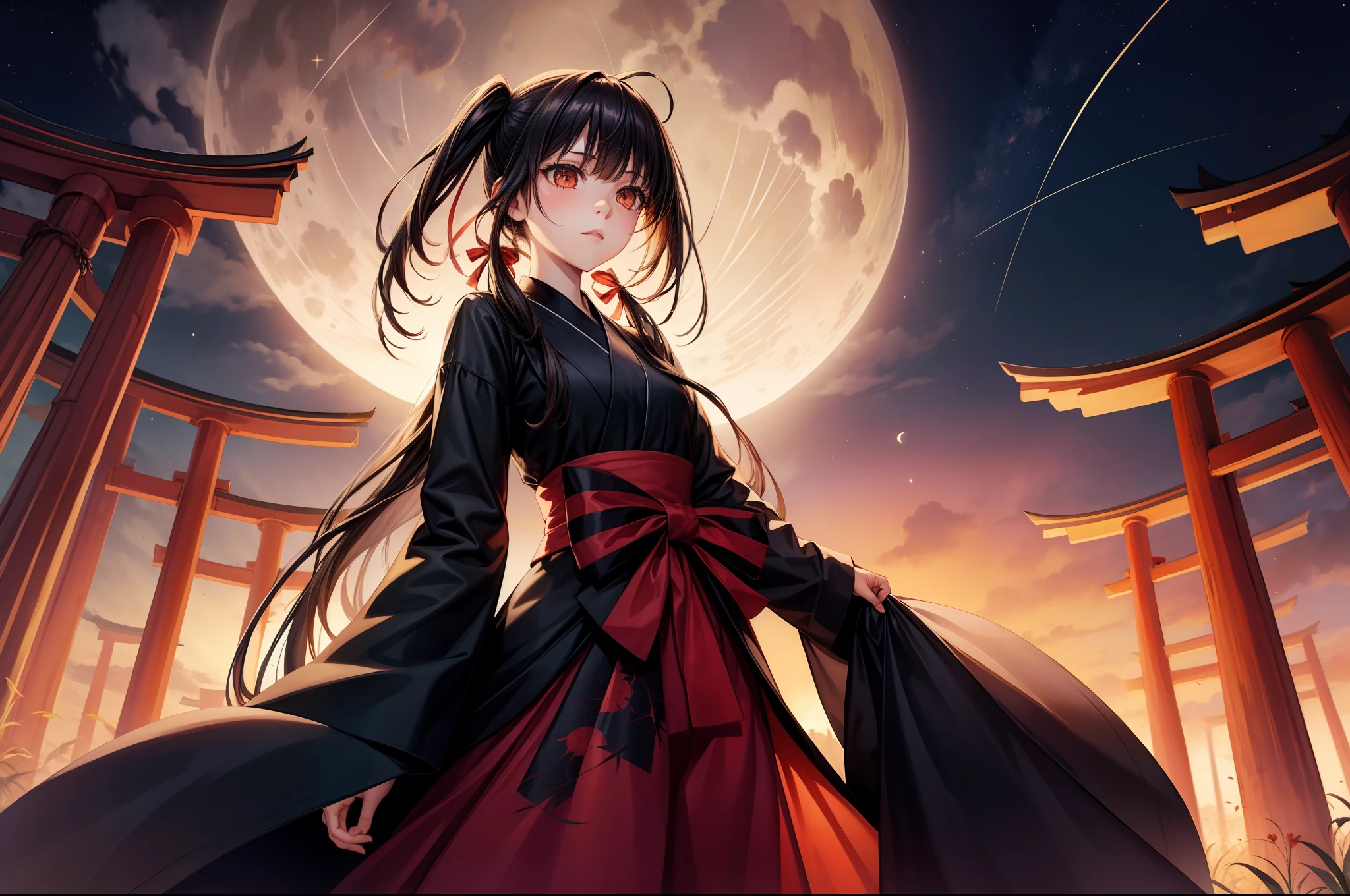 1girl, bamboo, bamboo_forest, black_hair, cloud, crescent_moon, dress, flag_background, full_moon, grass, leaf, long_hair, moon, moonlight, night, night_sky, plant, red_background, red_moon, red_sky, red_theme, shooting_star, sky, solo, spider_lily, star_(sky), starry_sky, sun, torii, twintails