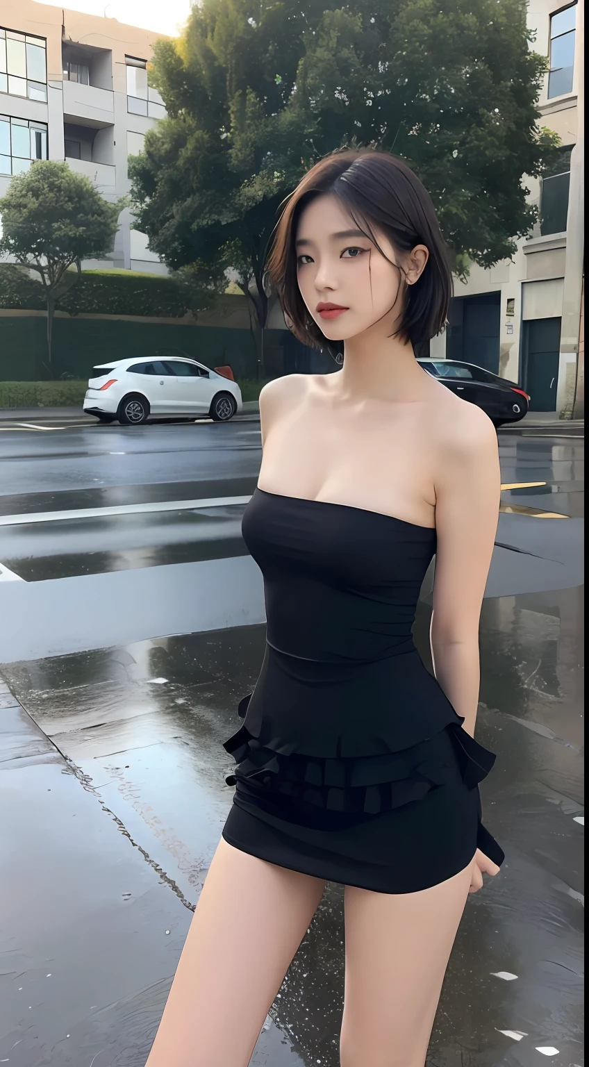 Arapei asian woman posing for photo in black dress, beautiful asian girl, xisen wu, asian girl, korean girl, girl cute thin face, chen xintong, gorgeous korean young woman, beautiful korean woman, short hair, chinese girl, gorgeous chinese model, yoshitomo nara, sakimichan, ((best quality, 8k, masterpiece: 1.3)), focus: 1.2, perfect body beauty: 1.4, buttocks: 1.2, ((layered haircut, beautiful breasts: 1.2)), ( Wet clothes:1.1) , (Rain, Street:1.3), bandeau dress: 1.1, Highly detailed face and skin texture, Delicate eyes, Double eyelids, Whitened skin, Long hair, (Shut up: 1.3), Road after rain, Rainbow in the distance, (Black dress: 1.2)