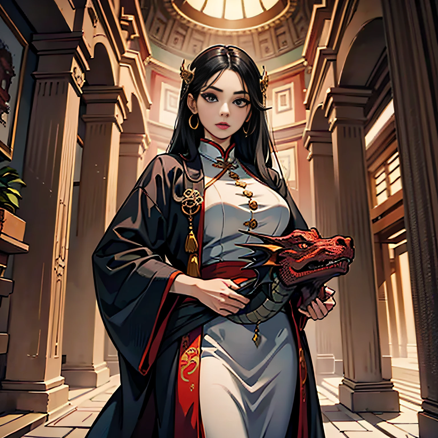 Inside the ancient temple are two with long black hair、Big red eyes,A beautiful girl with a delicate face and rich clothes,They had a huge dragon beside them。Original --auto