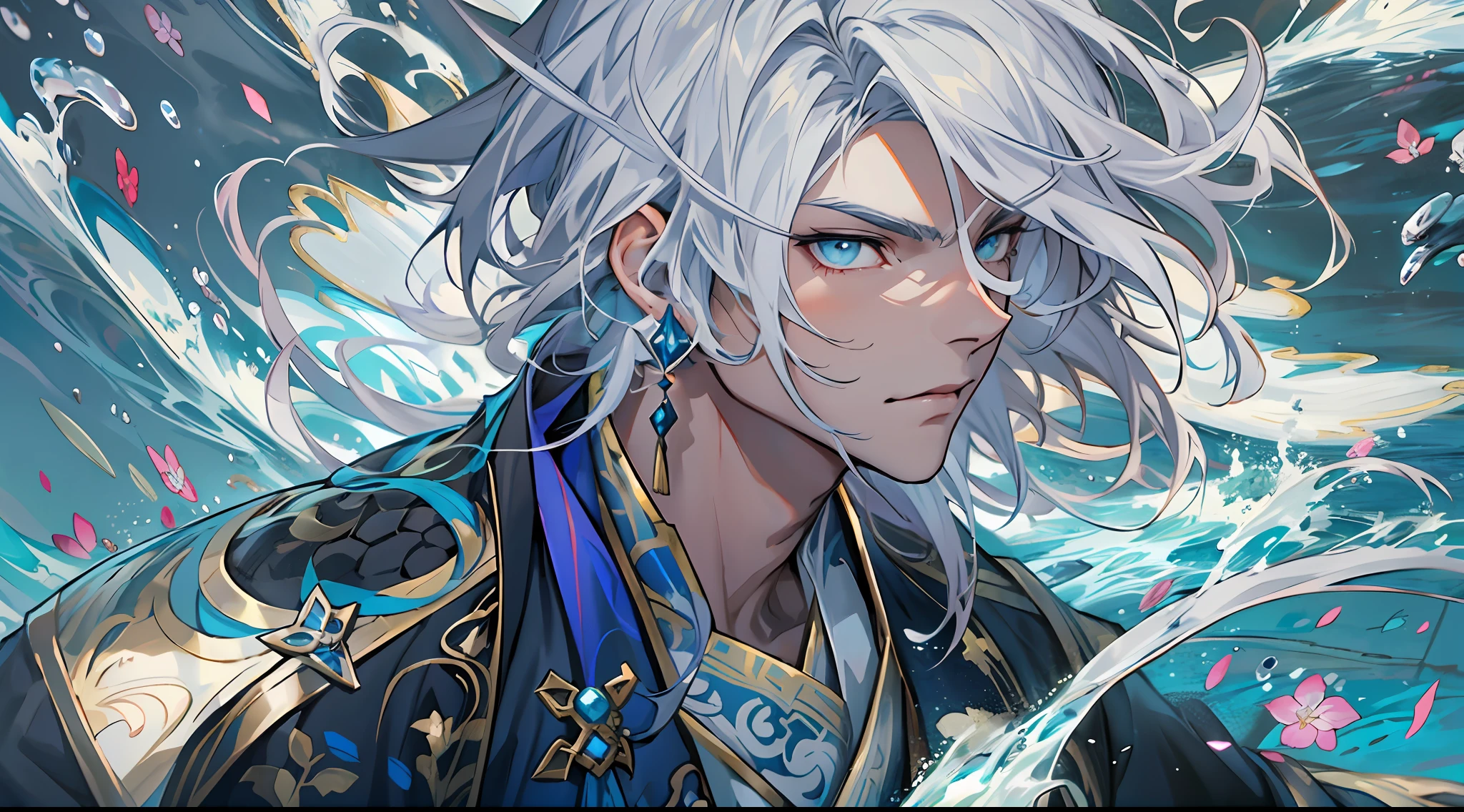 anime man with white hair and blue eyes in water, portrait knights of zodiac man, onmyoji portrait, azure. detailed hair, white haired deity, keqing from genshin impact, crisp clear rpg portrait, detailed digital anime art, astri lohne, onmyoji detailed art, detailed anime character art, genshin impact character, by Yang J, city, black blue shirt, black suite, Portrait, half body,
