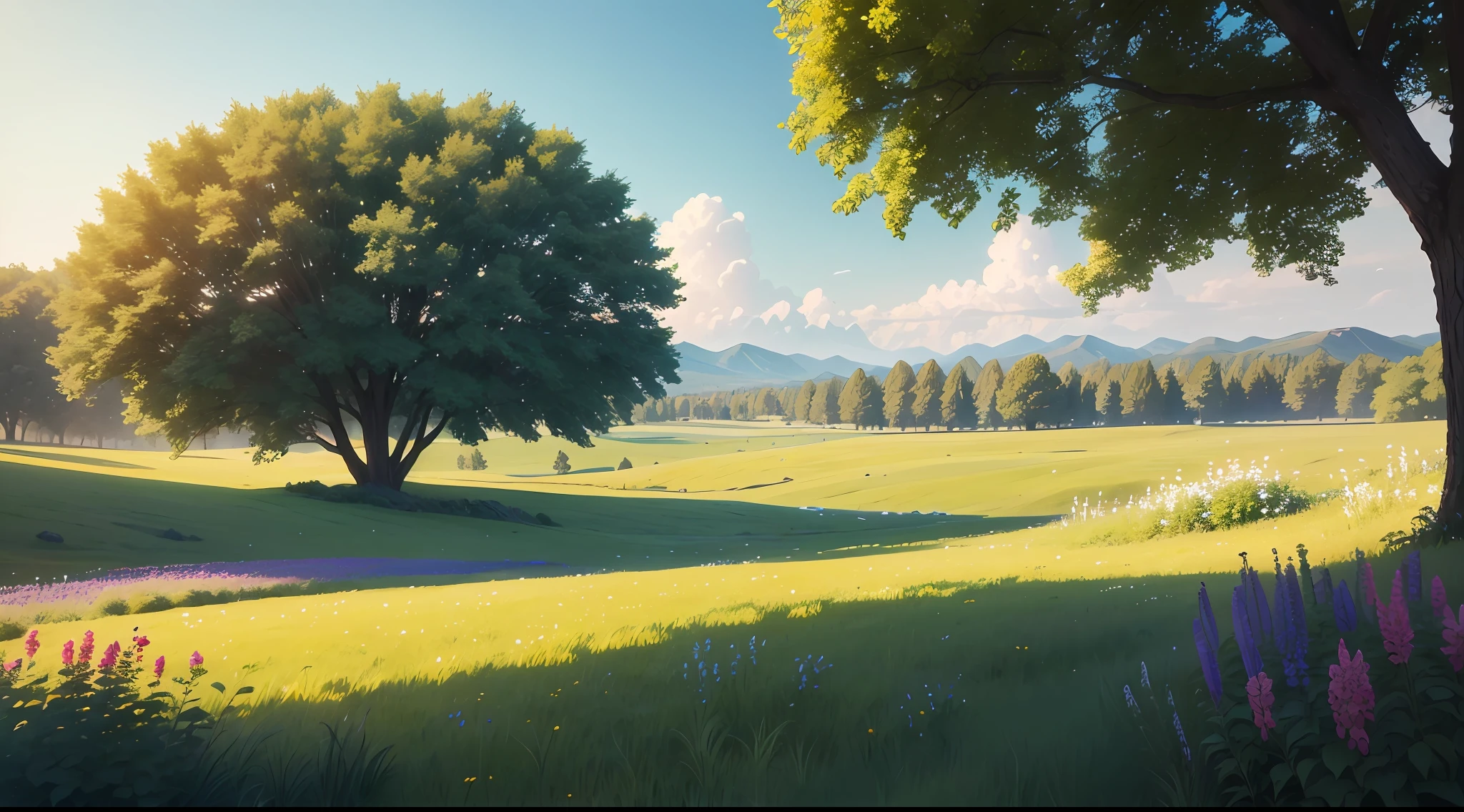 The image shows a beautiful meadow, with tall green grass and wildflowers. In the background, there are trees, their leaves a lush green. The sun is shining brightly, casting a golden glow over the landscape. The sky is a clear blue, with a few puffy white clouds. The image is serene and peaceful, capturing the beauty of nature in summer.The image is simply stunning, capturing the beauty of nature at its finest.high detailed, 8k, upscaled, unreal engine 5 rendering, high quality coloring, high quality, extreme detail, 4k, ultra hd