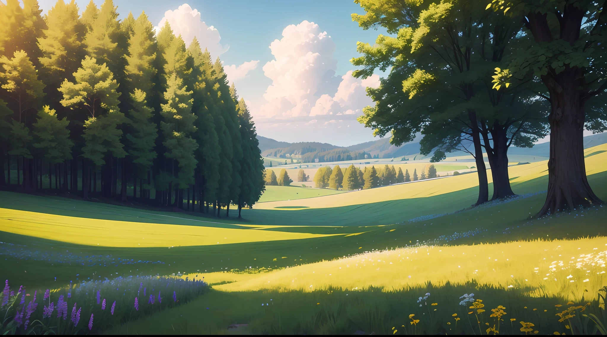 The image shows a beautiful meadow, with tall green grass and wildflowers. In the background, there are trees, their leaves a lush green. The sun is shining brightly, casting a golden glow over the landscape. The sky is a clear blue, with a few puffy white clouds. The image is serene and peaceful, capturing the beauty of nature in summer.The image is simply stunning, capturing the beauty of nature at its finest.high detailed, 8k, upscaled, unreal engine 5 rendering, high quality coloring, high quality, extreme detail, 4k, ultra hd